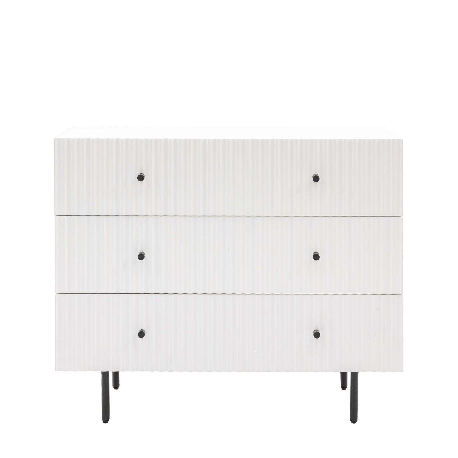 Flute White painted Chest of Drawers with scalloped fascia and black metal underframe | malletandplane.com