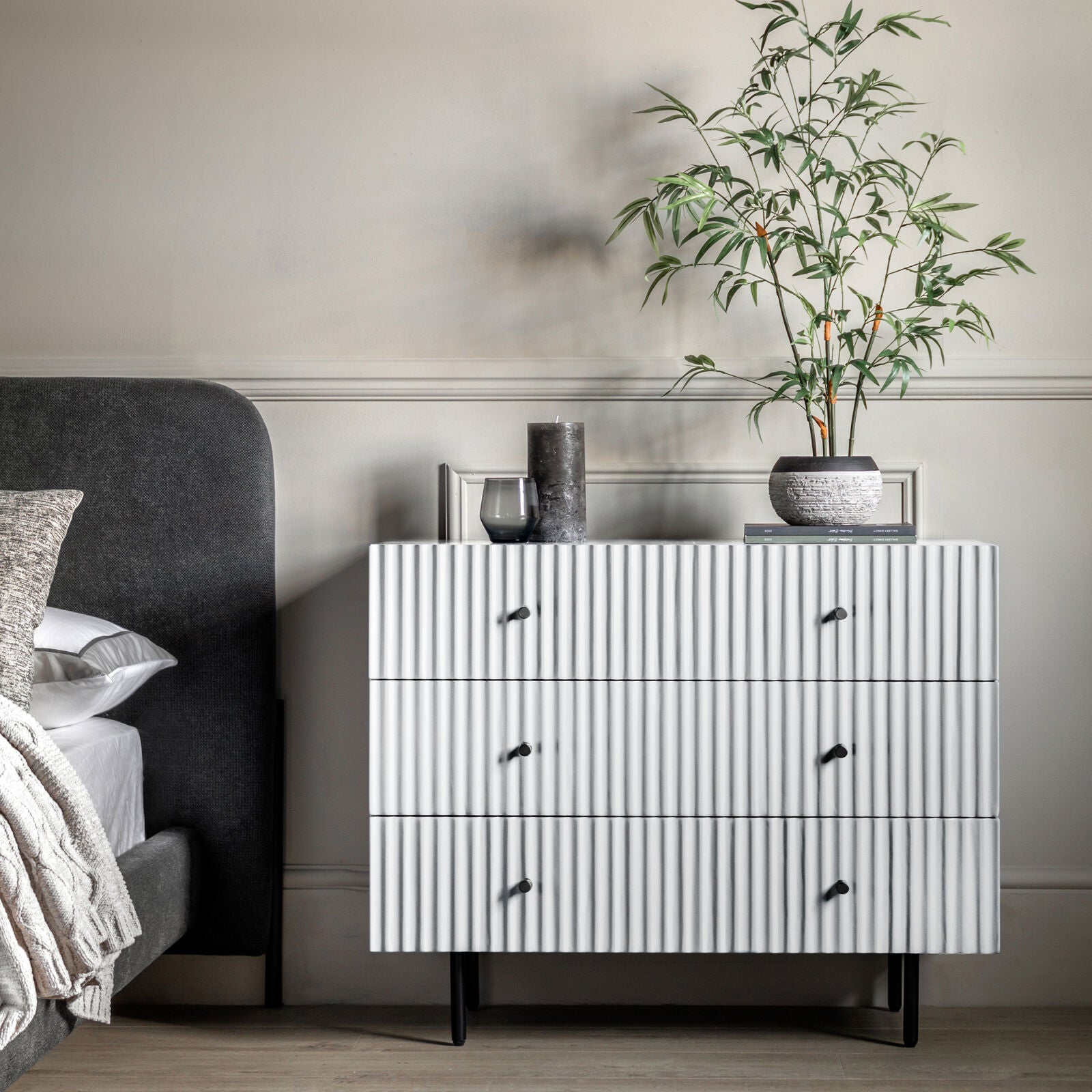 Flute White painted Chest of Drawers with scalloped fascia and black metal underframe | malletandplane.com