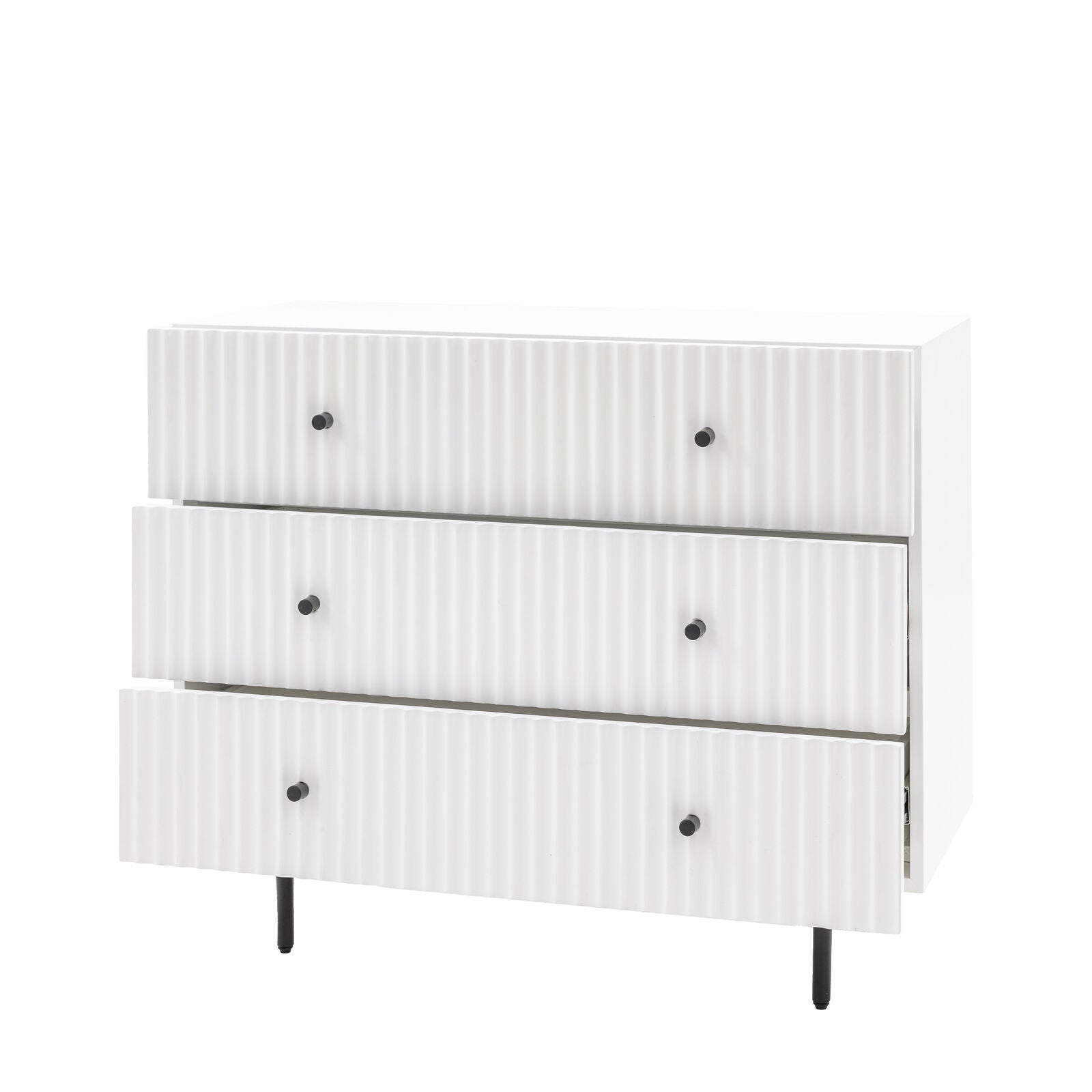 Flute White painted Chest of Drawers with scalloped fascia and black metal underframe | malletandplane.com