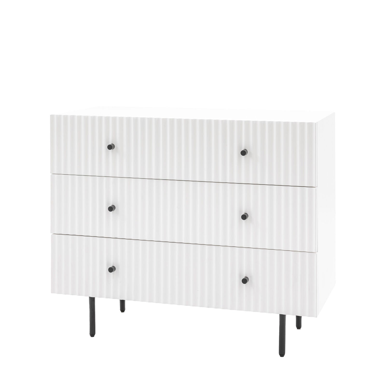 Flute White painted Chest of Drawers with scalloped fascia and black metal underframe | malletandplane.com