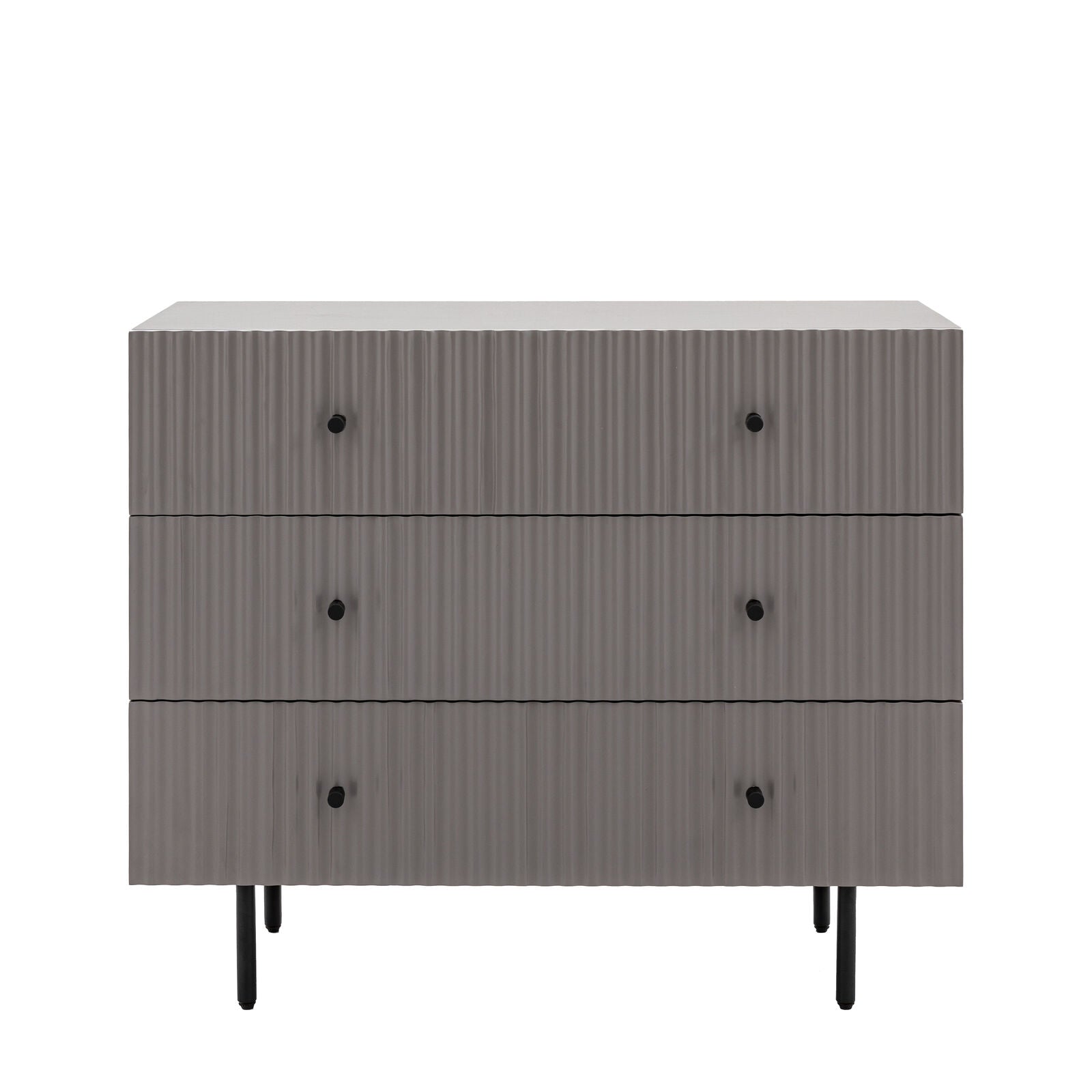 Flute Grey painted Chest of Drawers with scalloped fascia and black metal underframe | malletandplane.com