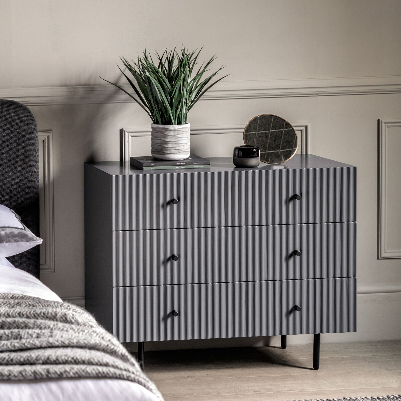 Flute Grey painted Chest of Drawers with scalloped fascia and black metal underframe | malletandplane.com