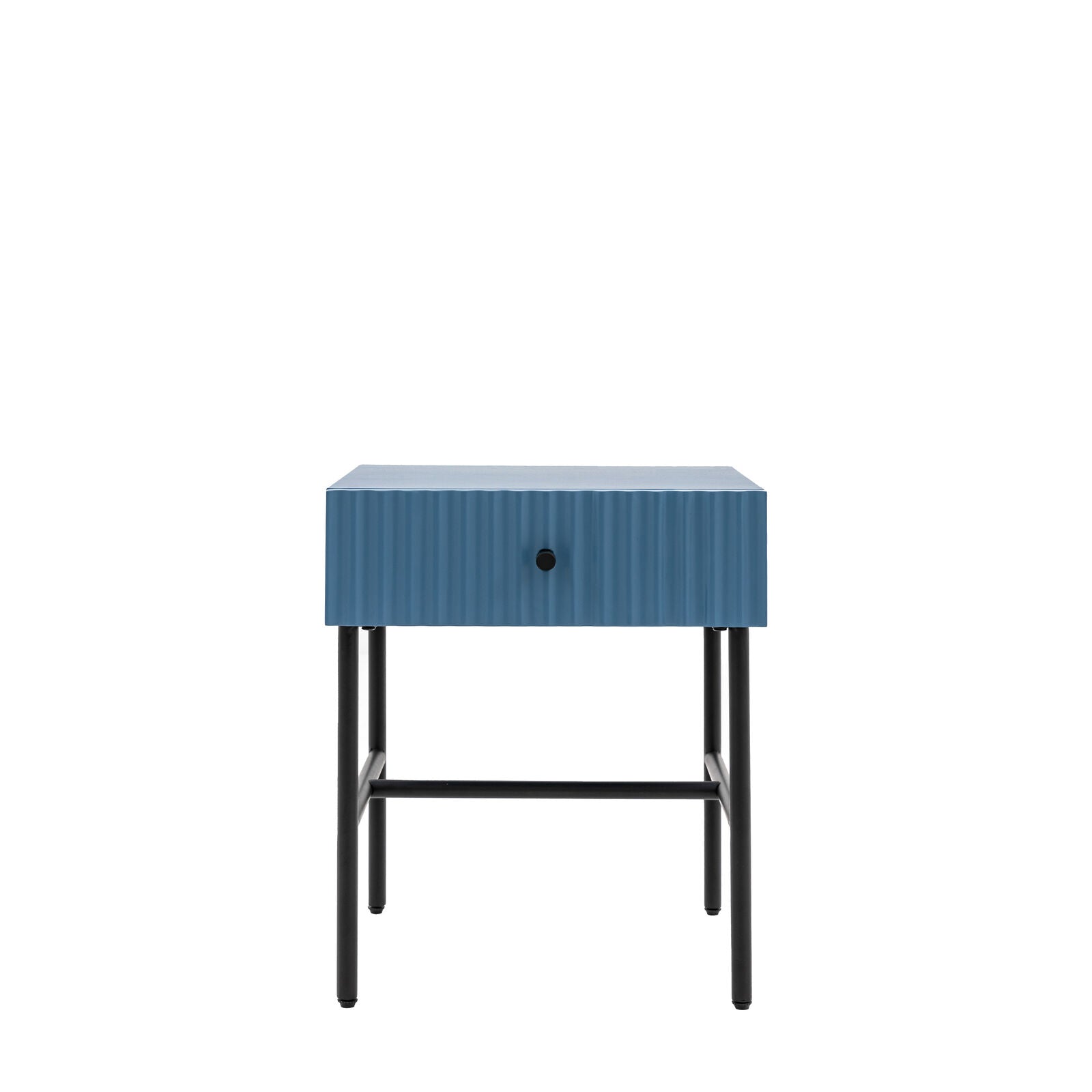 Flute bedside table with drawer in blue finish with scalloped fascia and black metal underframe | malletandplane.com