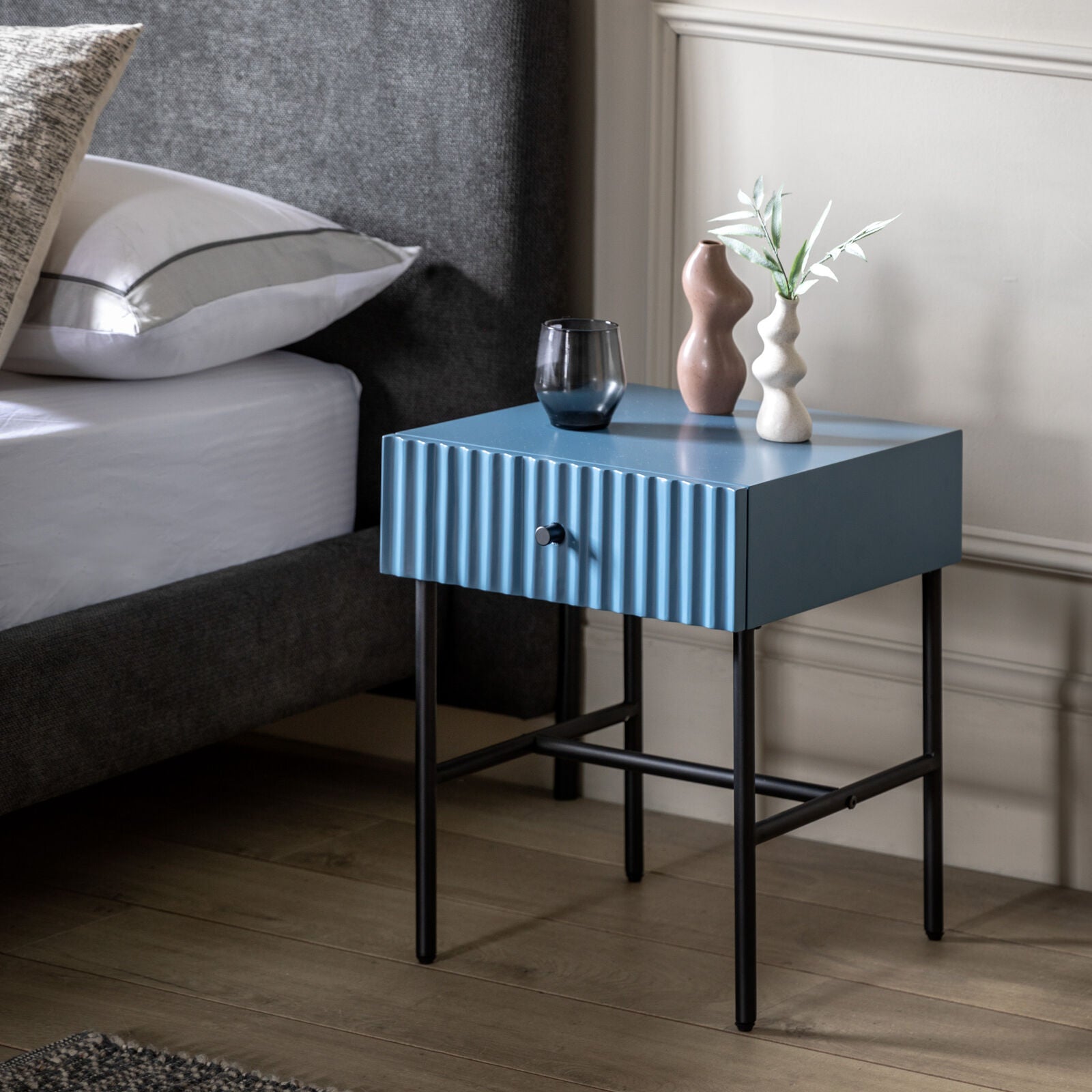 Flute bedside table with drawer in blue finish with scalloped fascia and black metal underframe | malletandplane.com