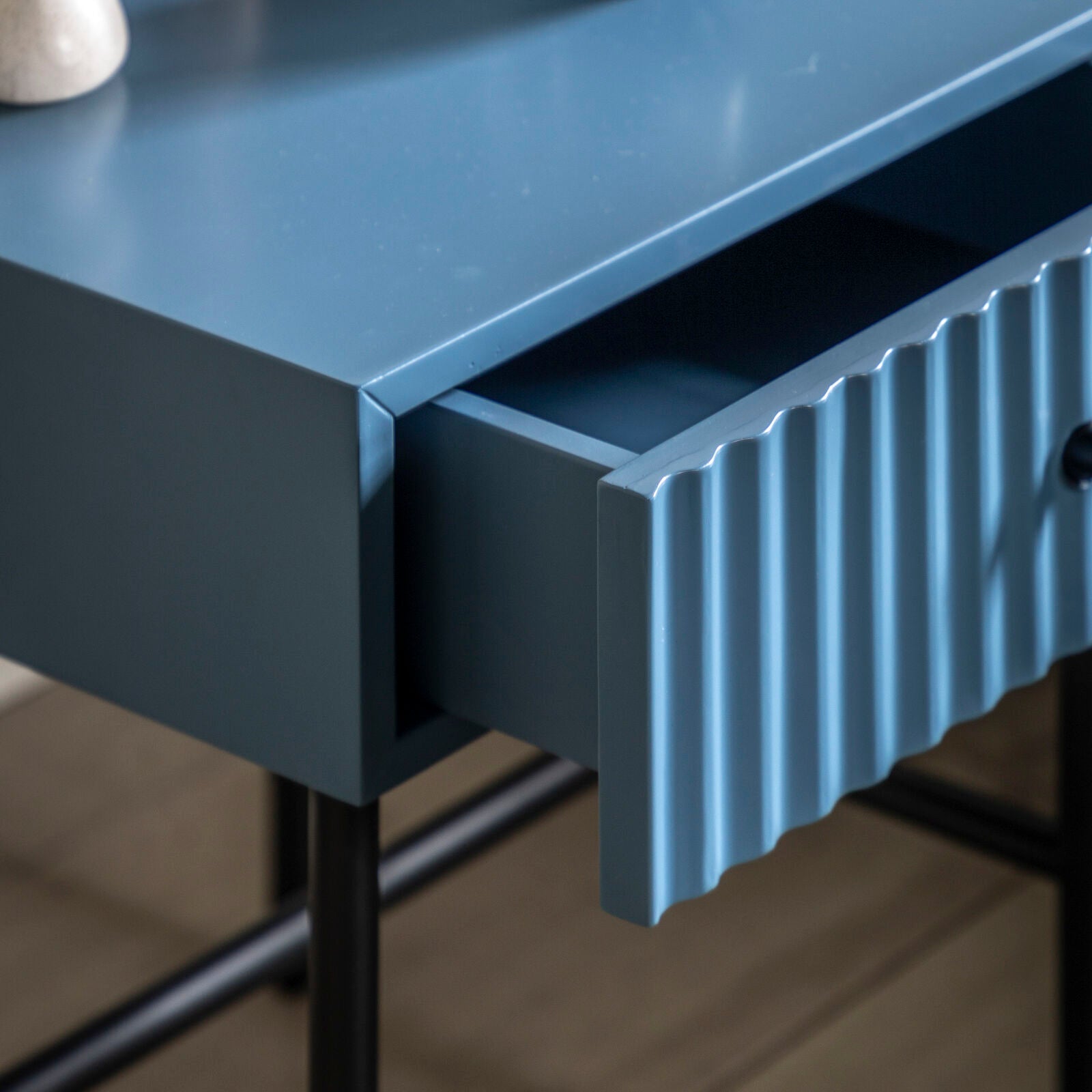 Flute bedside table with drawer in blue finish with scalloped fascia and black metal underframe | malletandplane.com