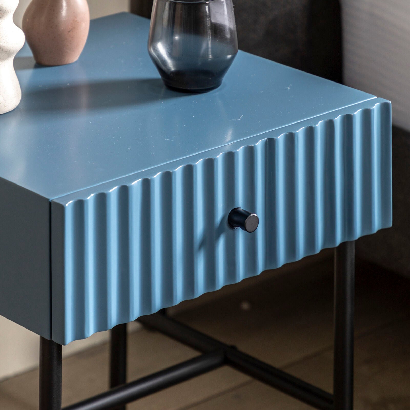 Flute bedside table with drawer in blue finish with scalloped fascia and black metal underframe | malletandplane.com