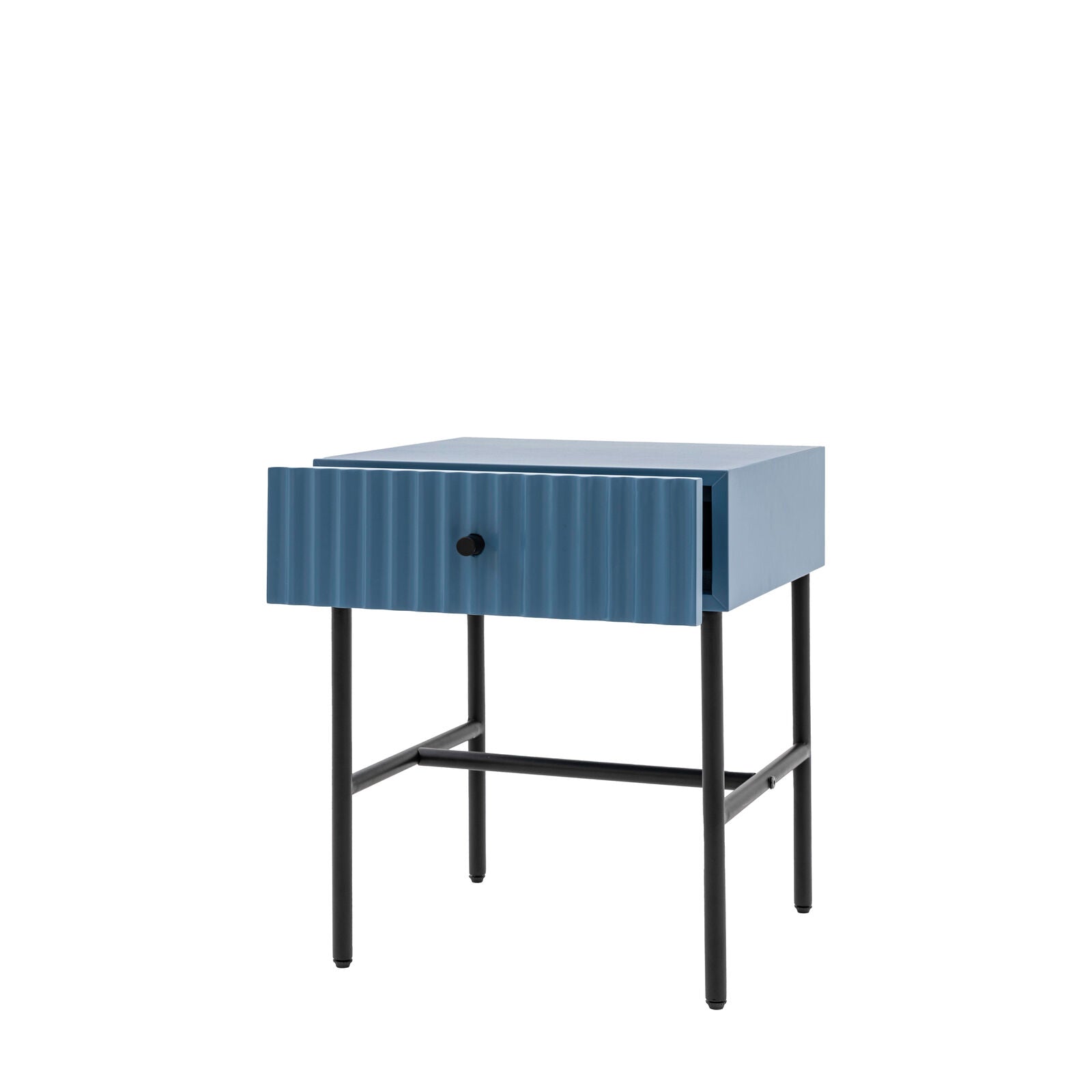 Flute bedside table with drawer in blue finish with scalloped fascia and black metal underframe | malletandplane.com