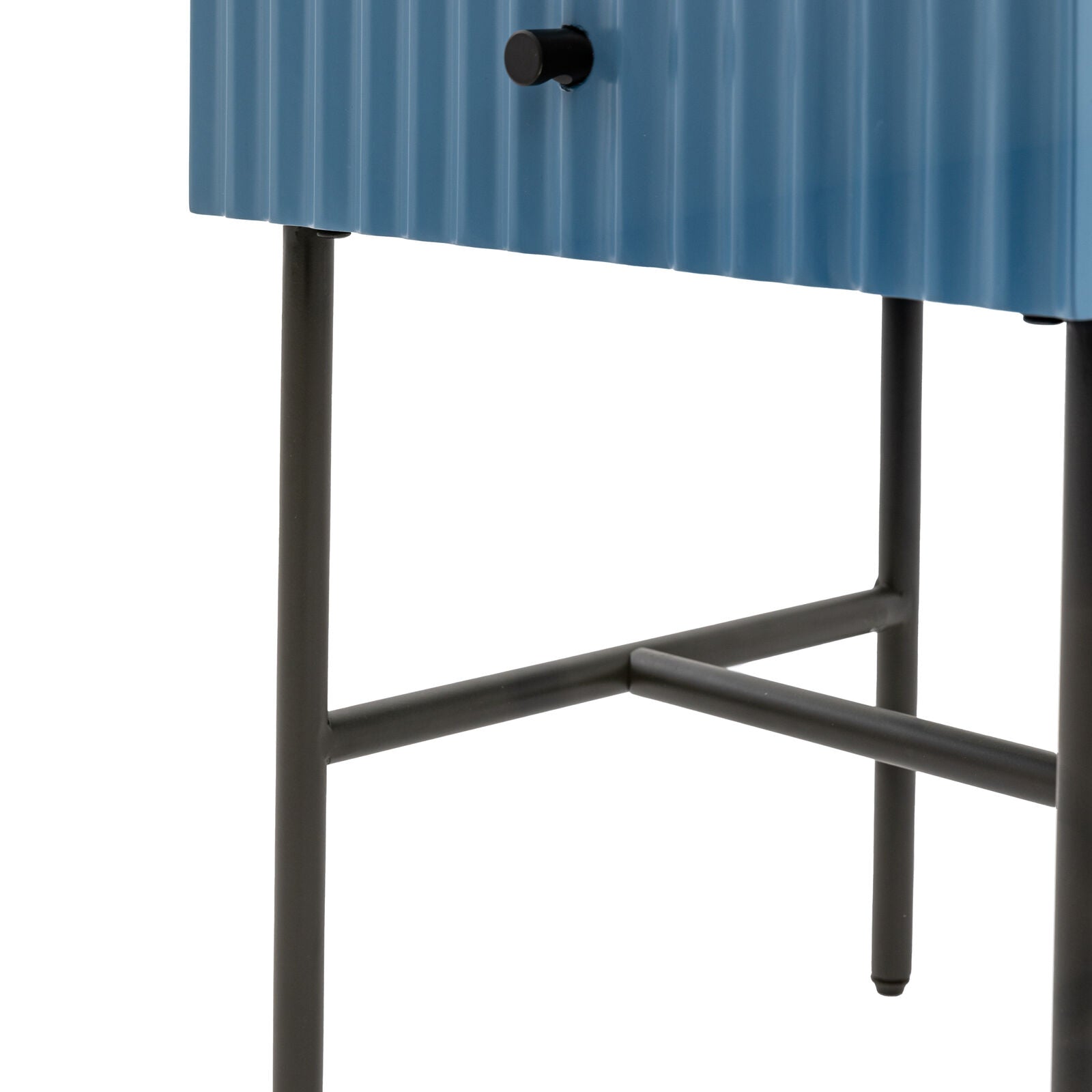 Flute bedside table with drawer in blue finish with scalloped fascia and black metal underframe | malletandplane.com
