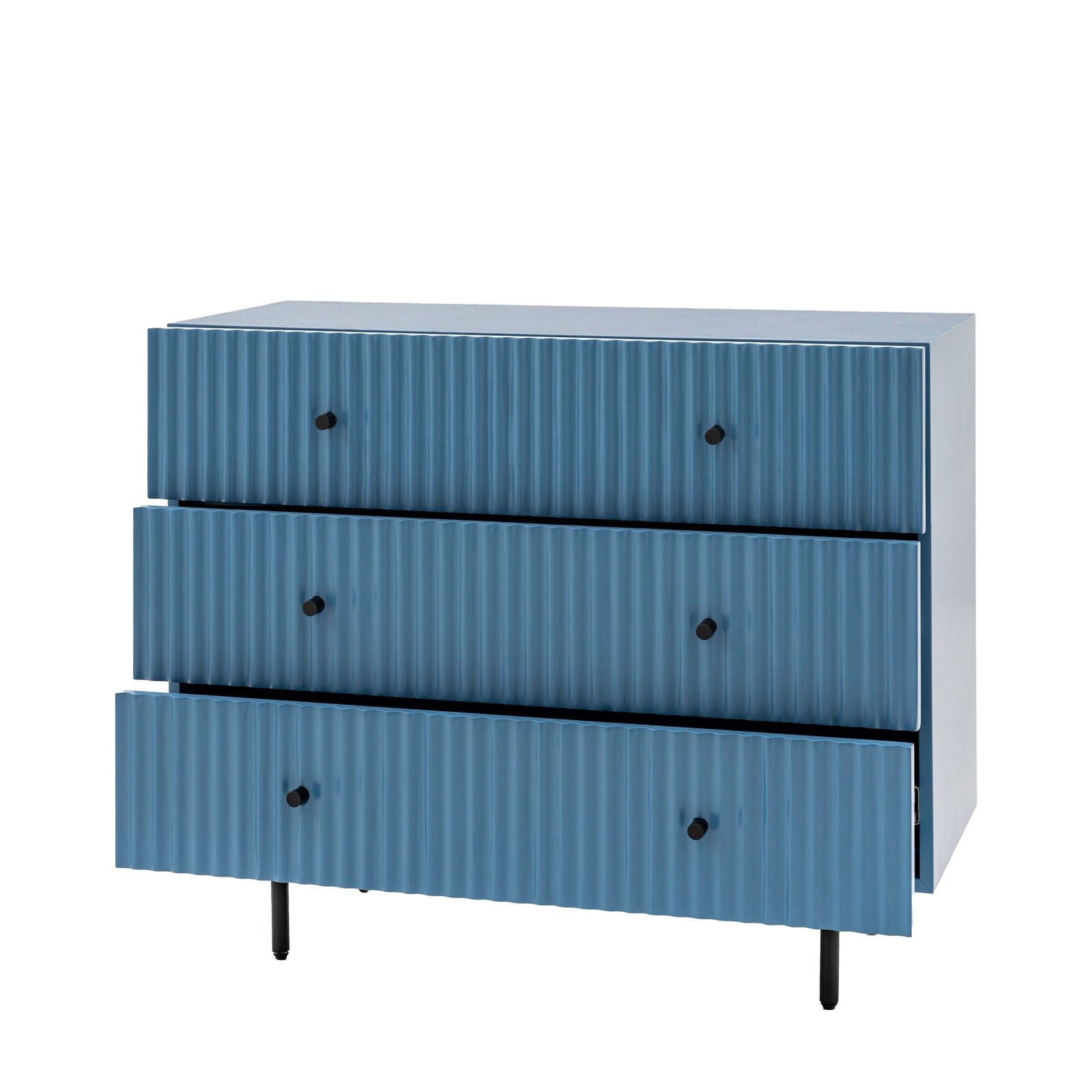 Flute Blue painted Chest of Drawers with scalloped fascia and black metal underframe | malletandplane.com