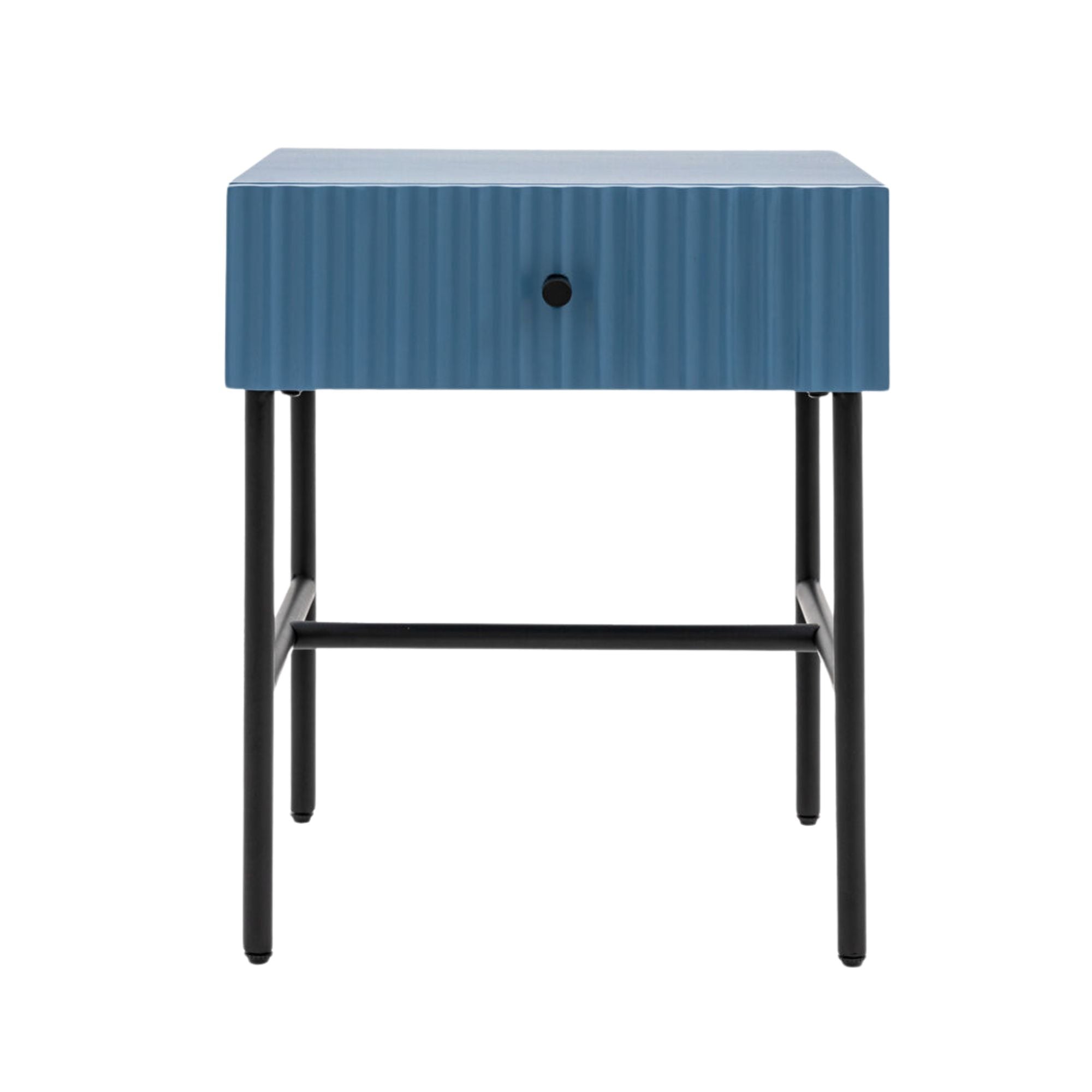 Flute bedside table with drawer in blue finish with scalloped fascia and black metal underframe | malletandplane.com