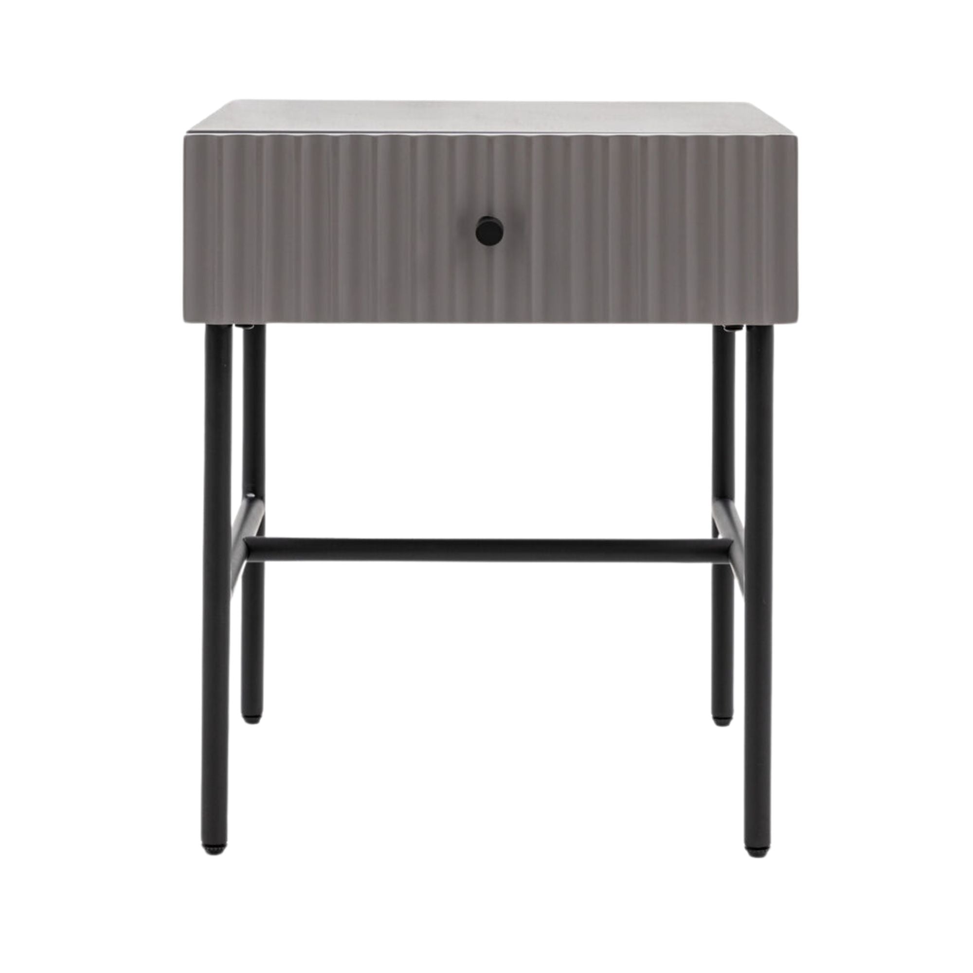 Flute bedside table with drawer in grey finish with scalloped fascia and black metal underframe | malletandplane.com