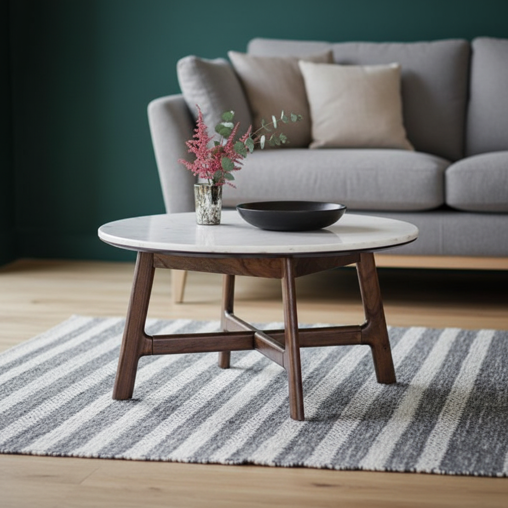 Fresca Round Coffee Table in walnut finish with marble top 