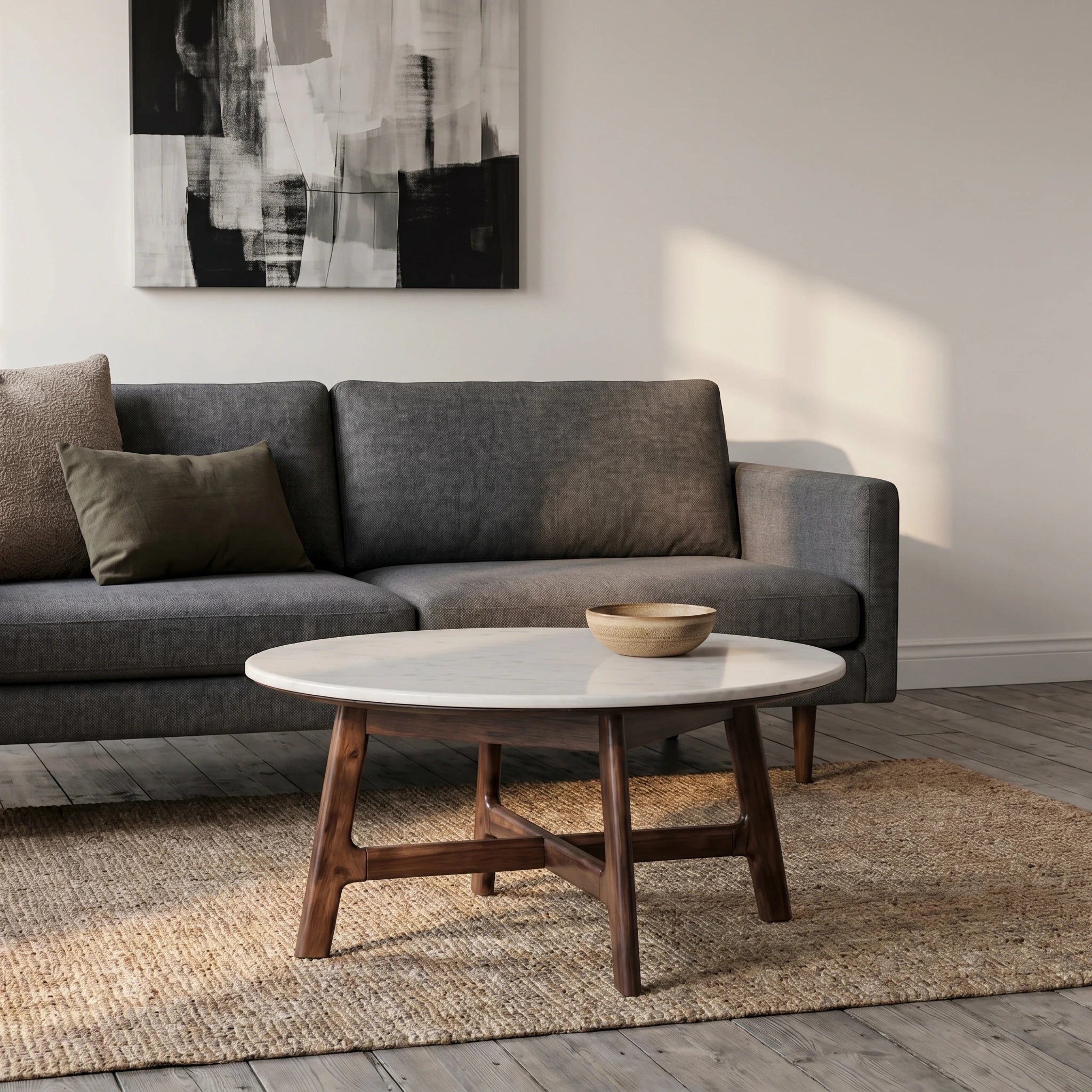 Fresca Round Coffee Table in walnut finish with marble top 