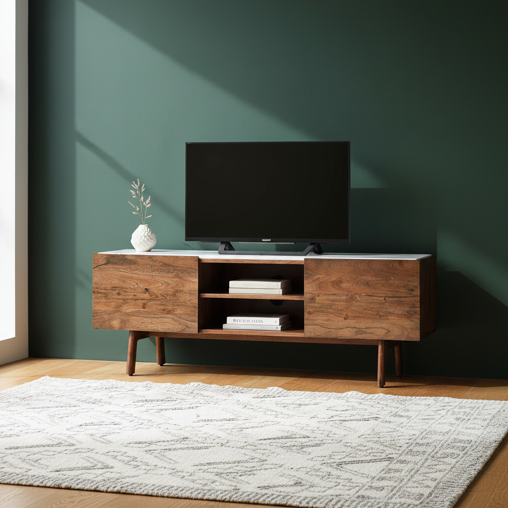 Fresca media unit / TV stand in walnut with white marble top