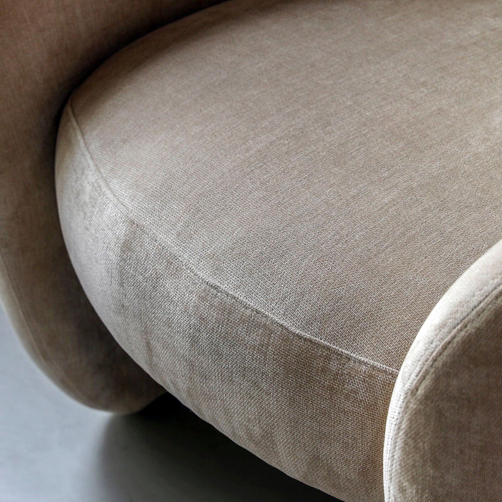 Sofia curved retro style armchair in moss green, espresso grey or soft cream fabric | malletandplane.com