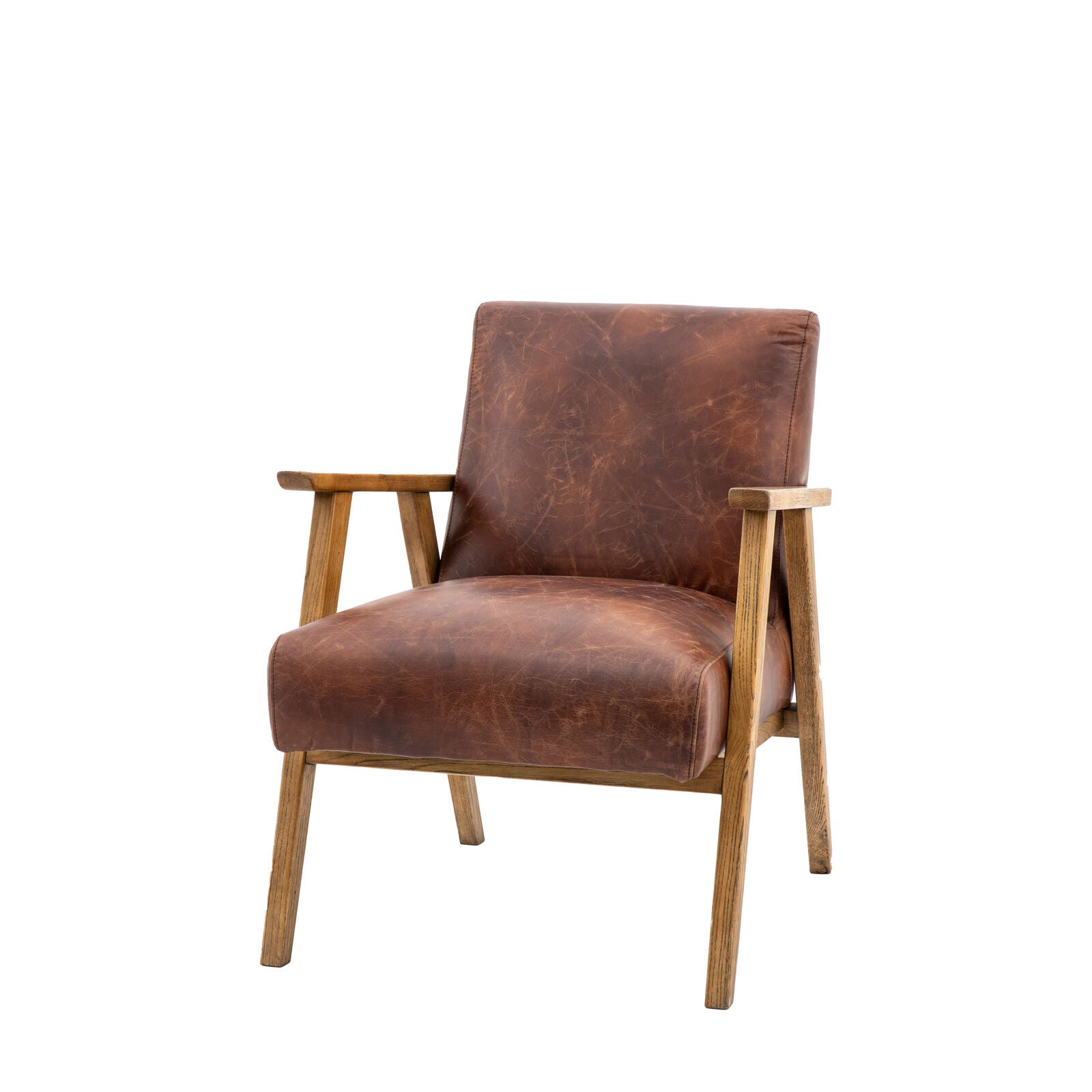 Barret mid century armchair in vintage brown top grain leather with ash wood frame | MalletandPlane.com