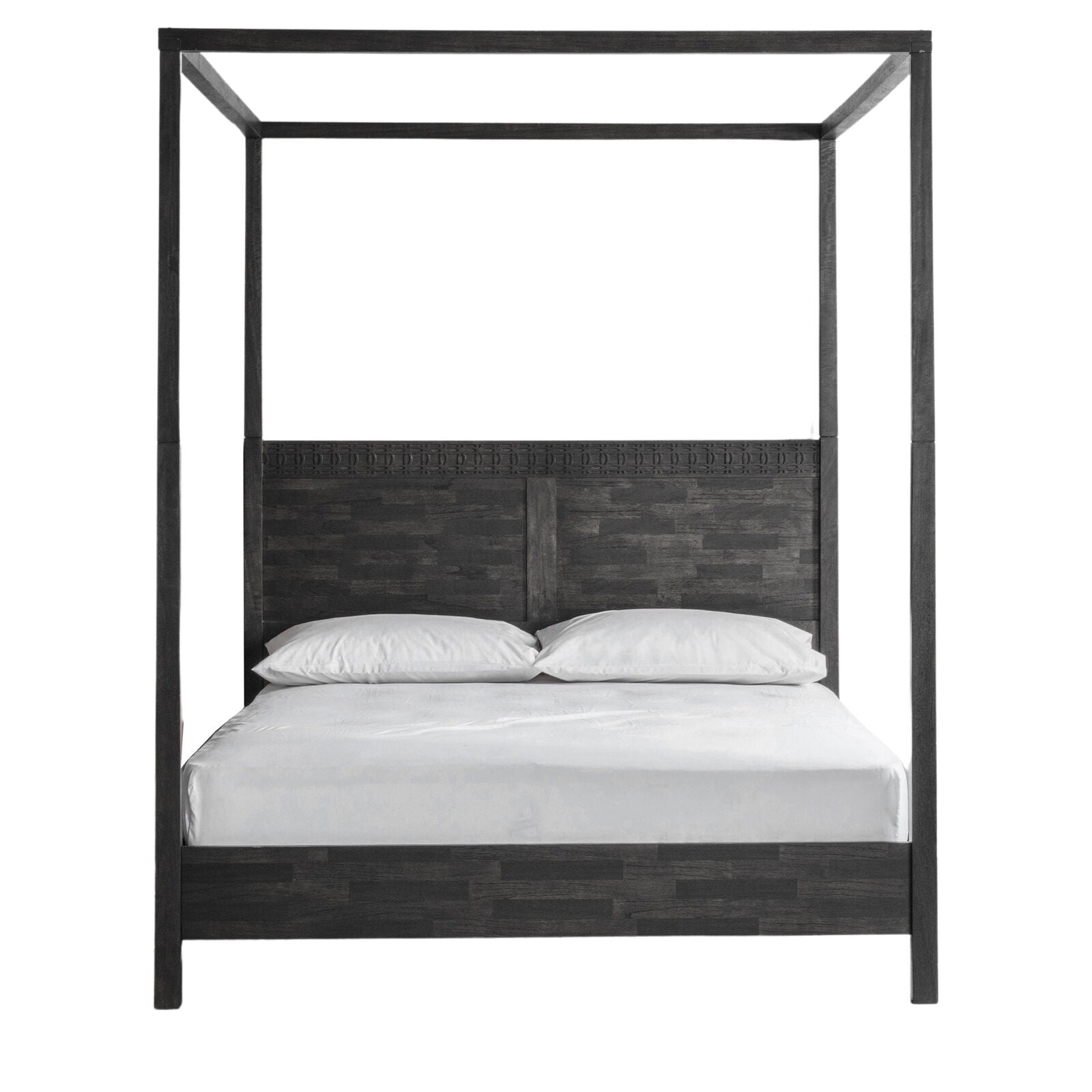 Laylah king size 4 poster bed frame in charcoal black with inlaid detailing | malletandplane.com