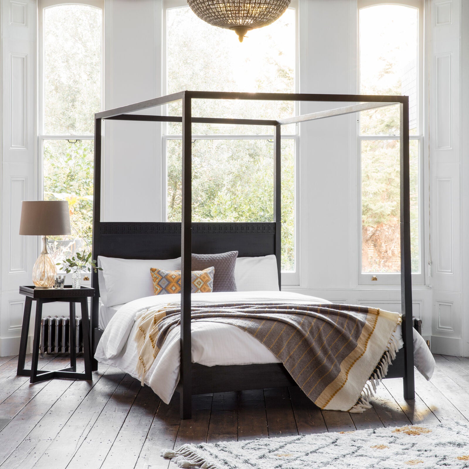 Laylah king size 4 poster bed frame in charcoal black with inlaid detailing | malletandplane.com