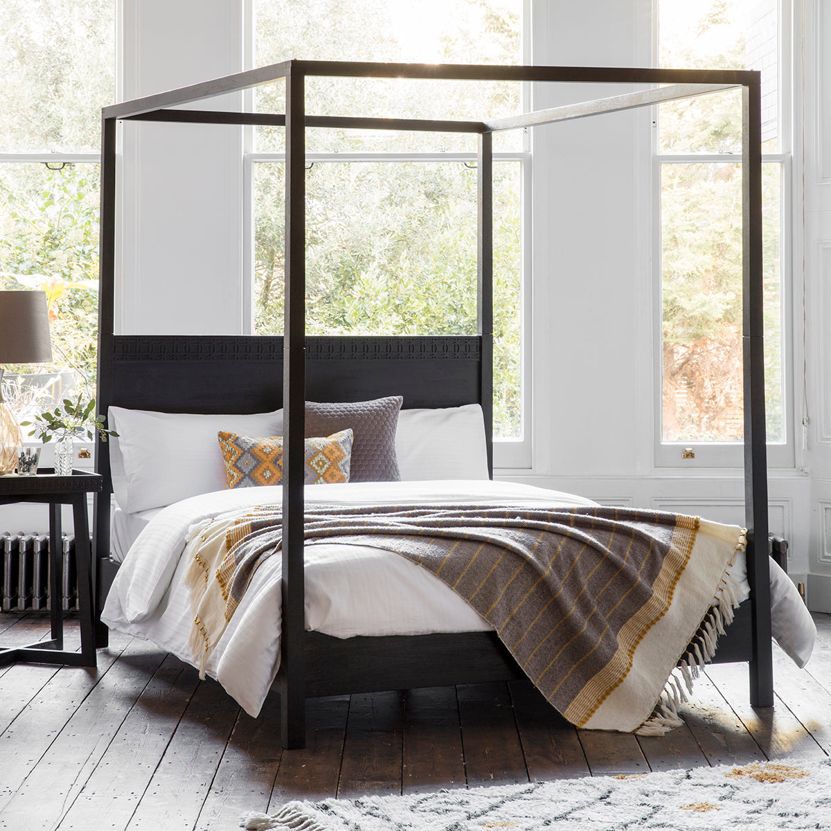 Laylah super king size 4 poster bed frame in charcoal black with inlaid detailing | malletandplane.com