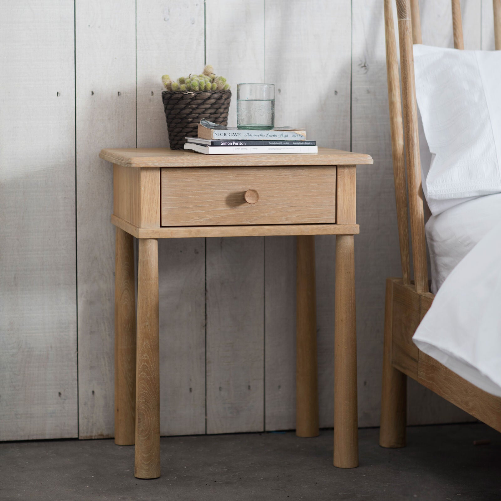 Axel Nordic style natural oak bedside table with pull out drawer | malletandplane.com