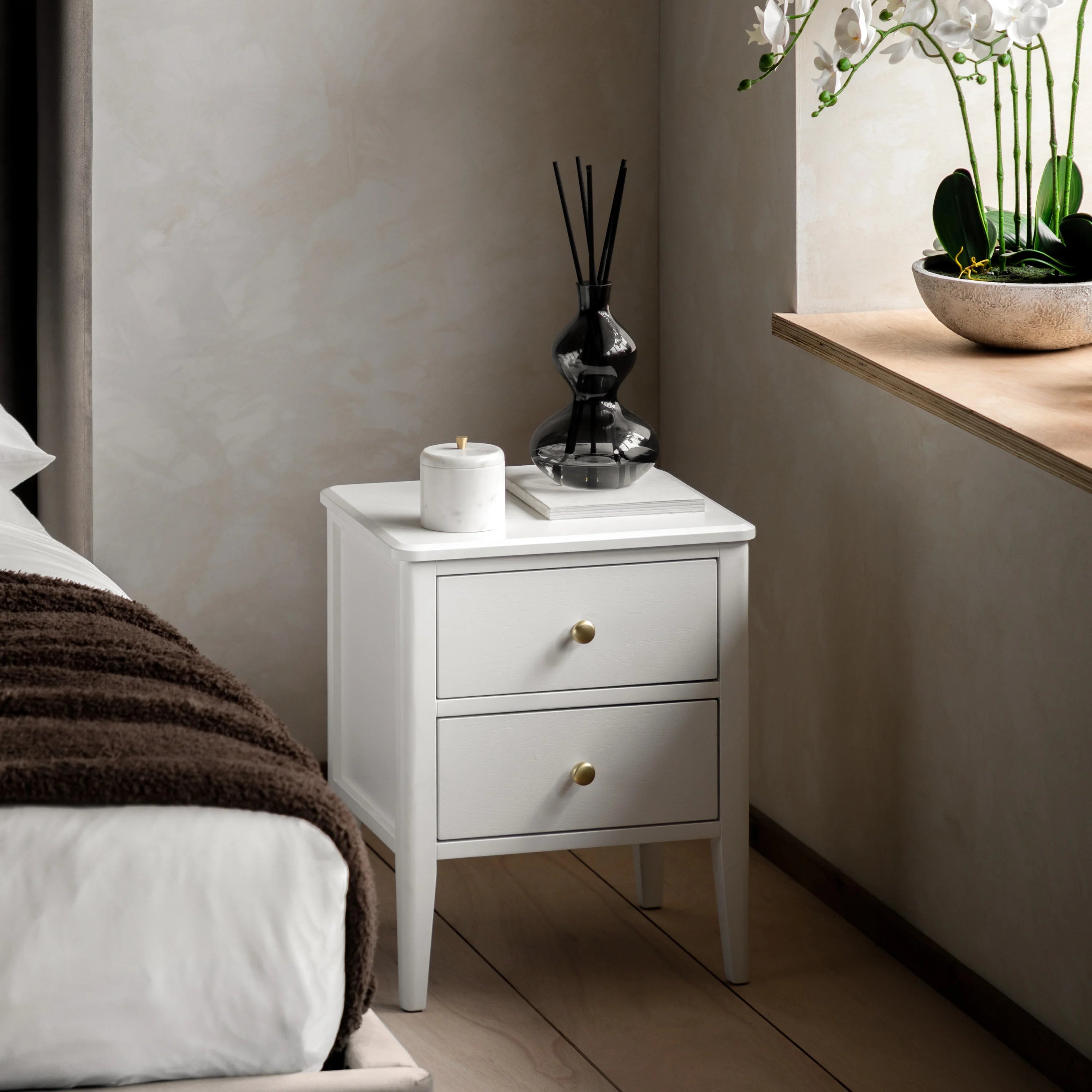 Modern White Bedside Table with 2 Drawers | Gold Handle Nightstand