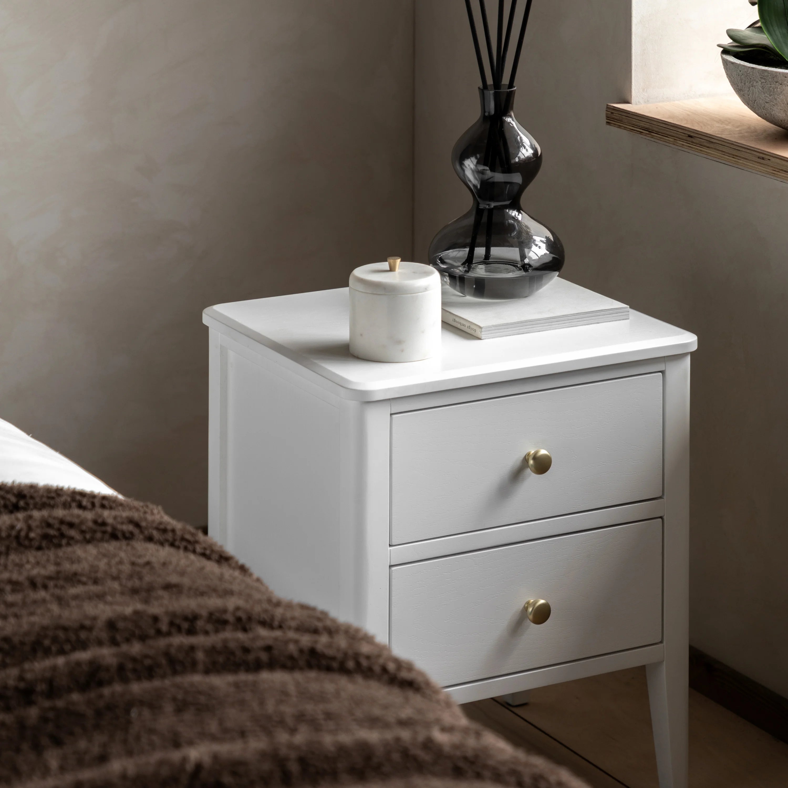 Modern White Bedside Table with 2 Drawers | Gold Handle Nightstand