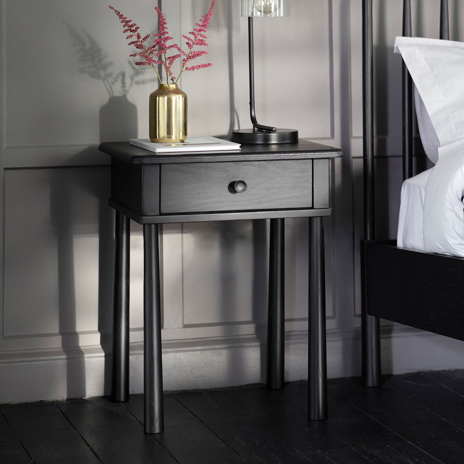 Axel Nordic style black oak bedside table with pull out drawer | MalletandPlane.com