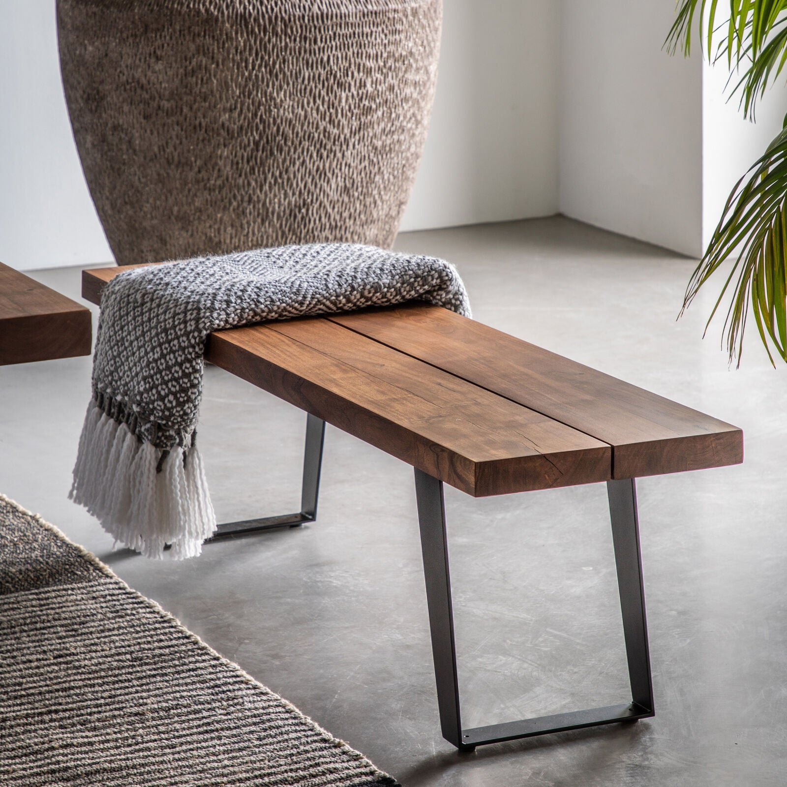 Pimlico Dining Bench in solid natural acacia wood with angular grey metal legs | MalletandPlane.com