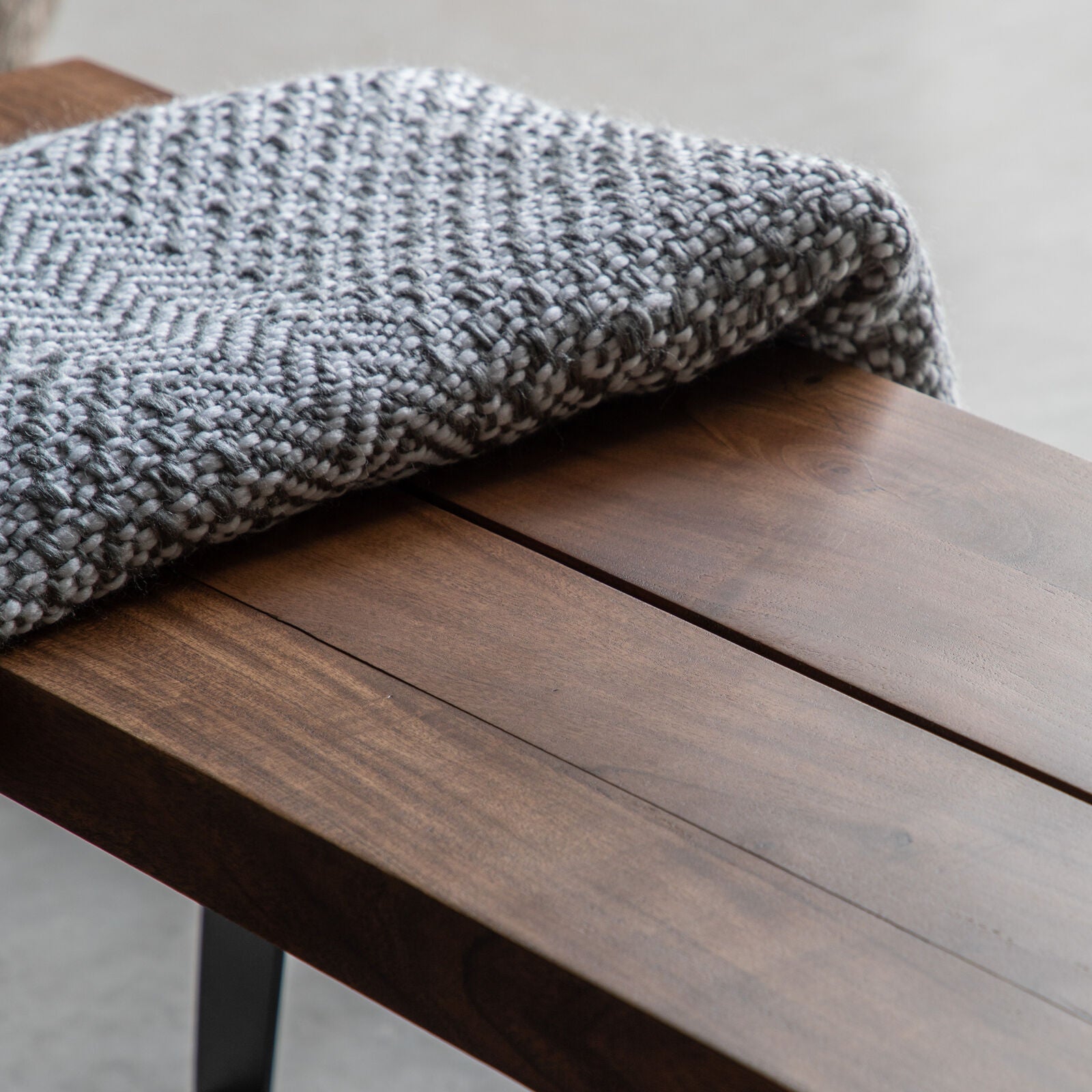 Pimlico Dining Bench in solid natural acacia wood with angular grey metal legs | MalletandPlane.com