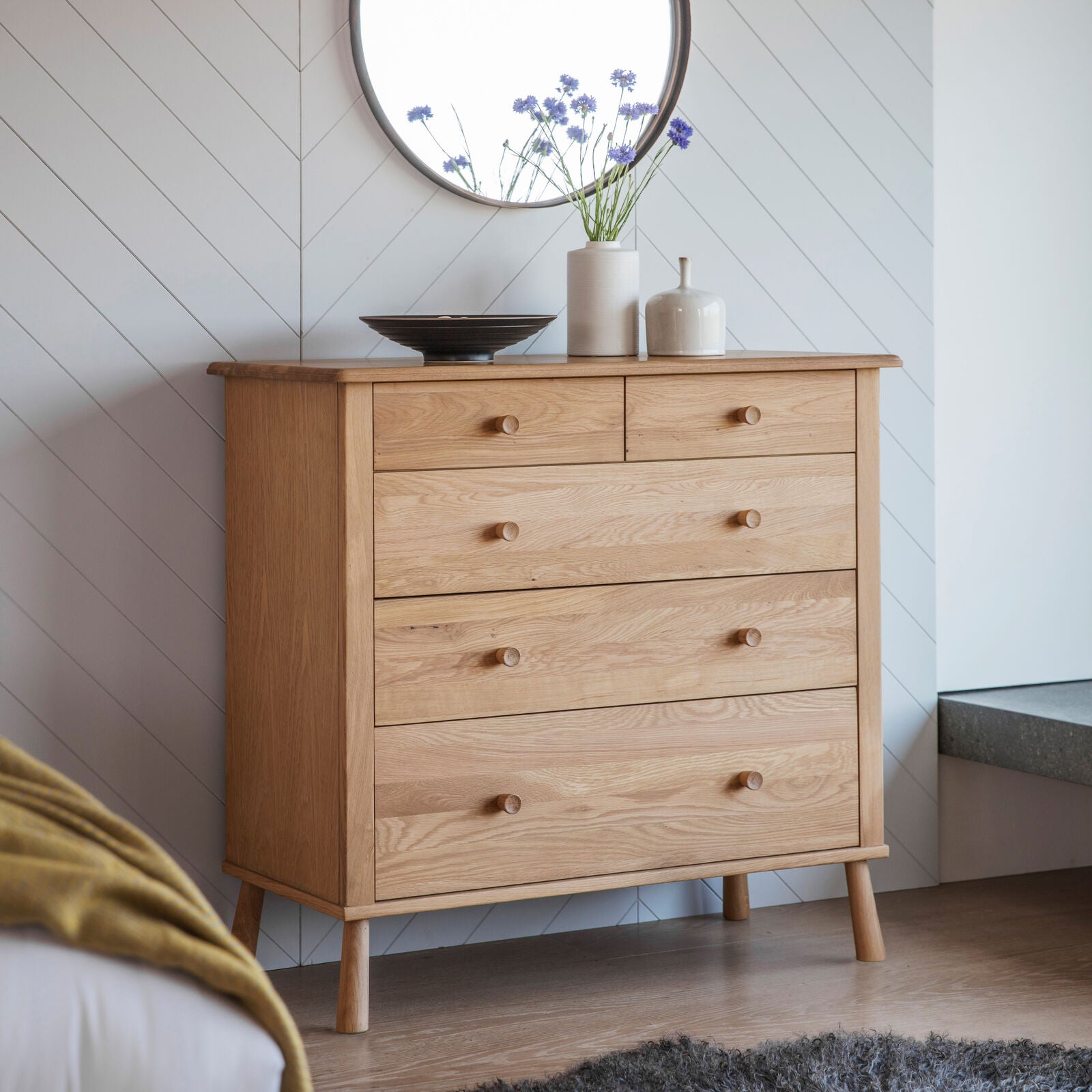 Axel Nordic style natural oak 5 drawer chest of drawers | malletandplane.com