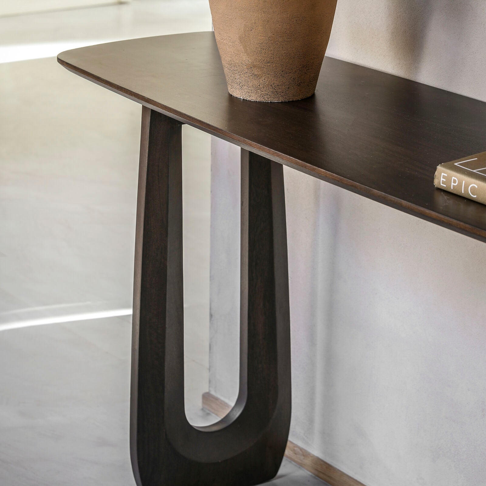 Paolo solid mango wood console table in deep walnut finish | malletandplane.com