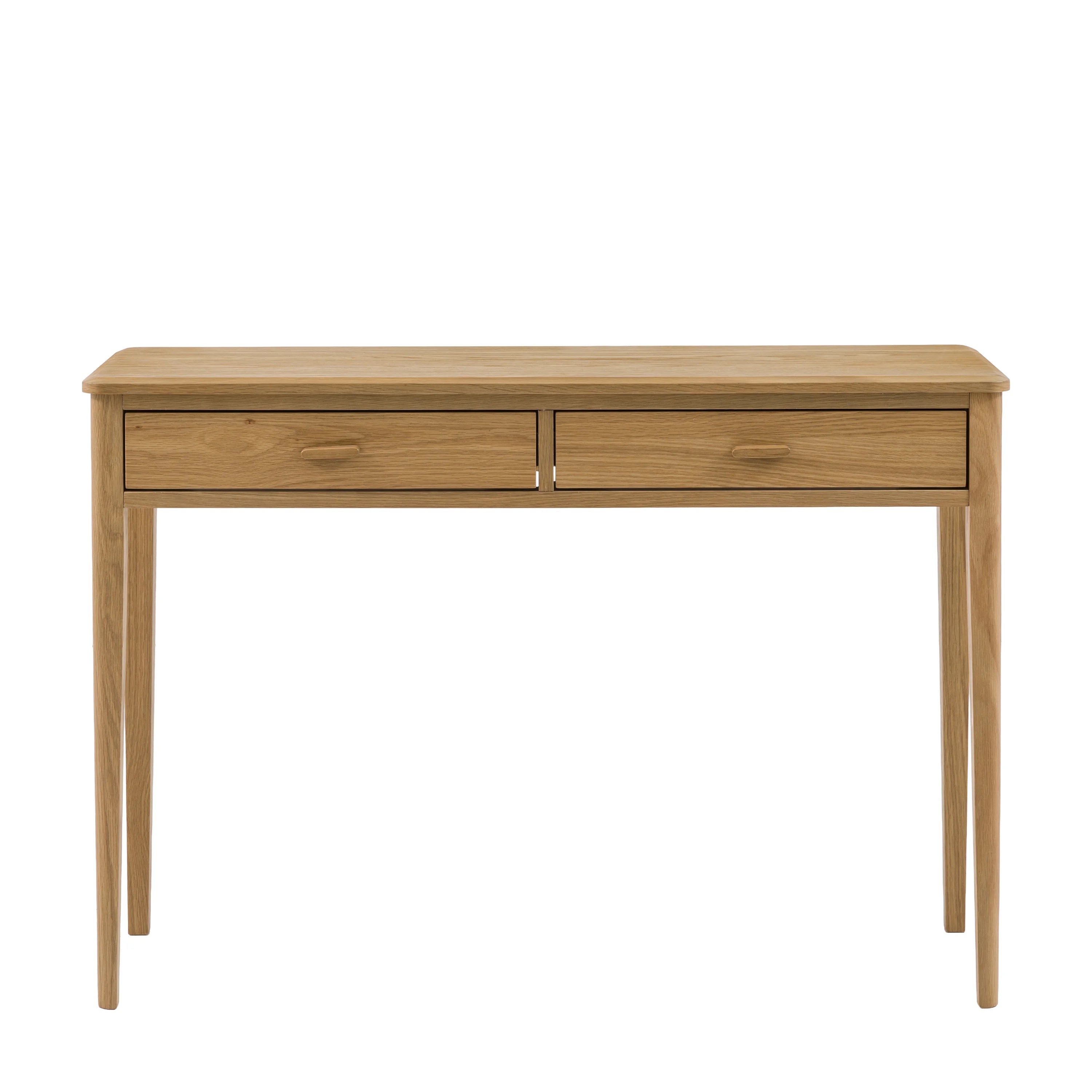 A light oak wood console table with two drawers and slim legs, shown against a plain white background.