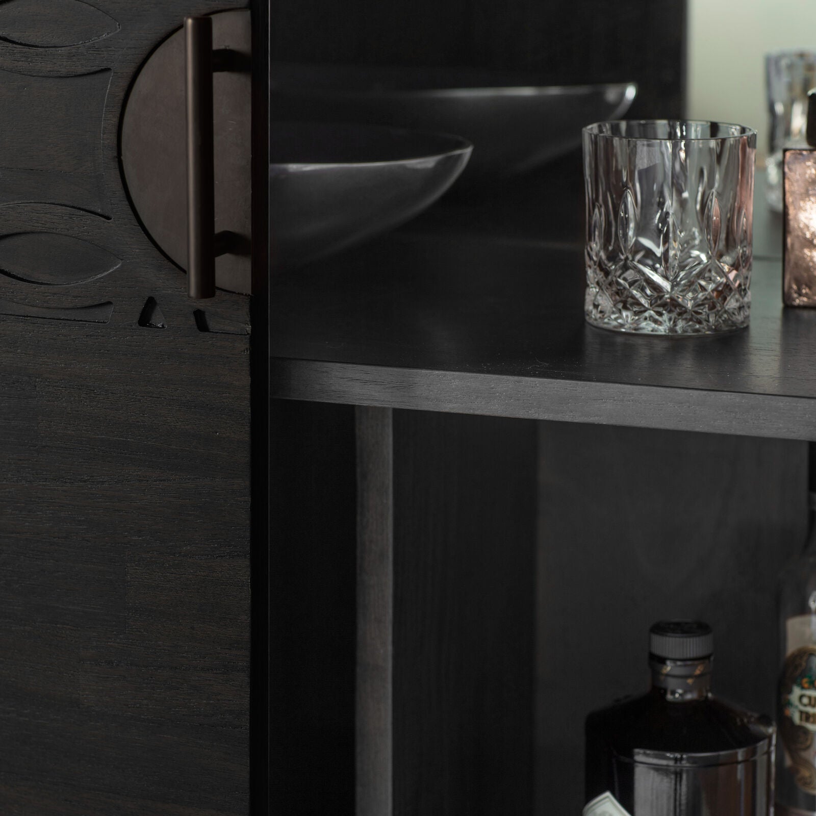 Laylah mixed wood charcoal black cocktail cabinet | malletandplane.com