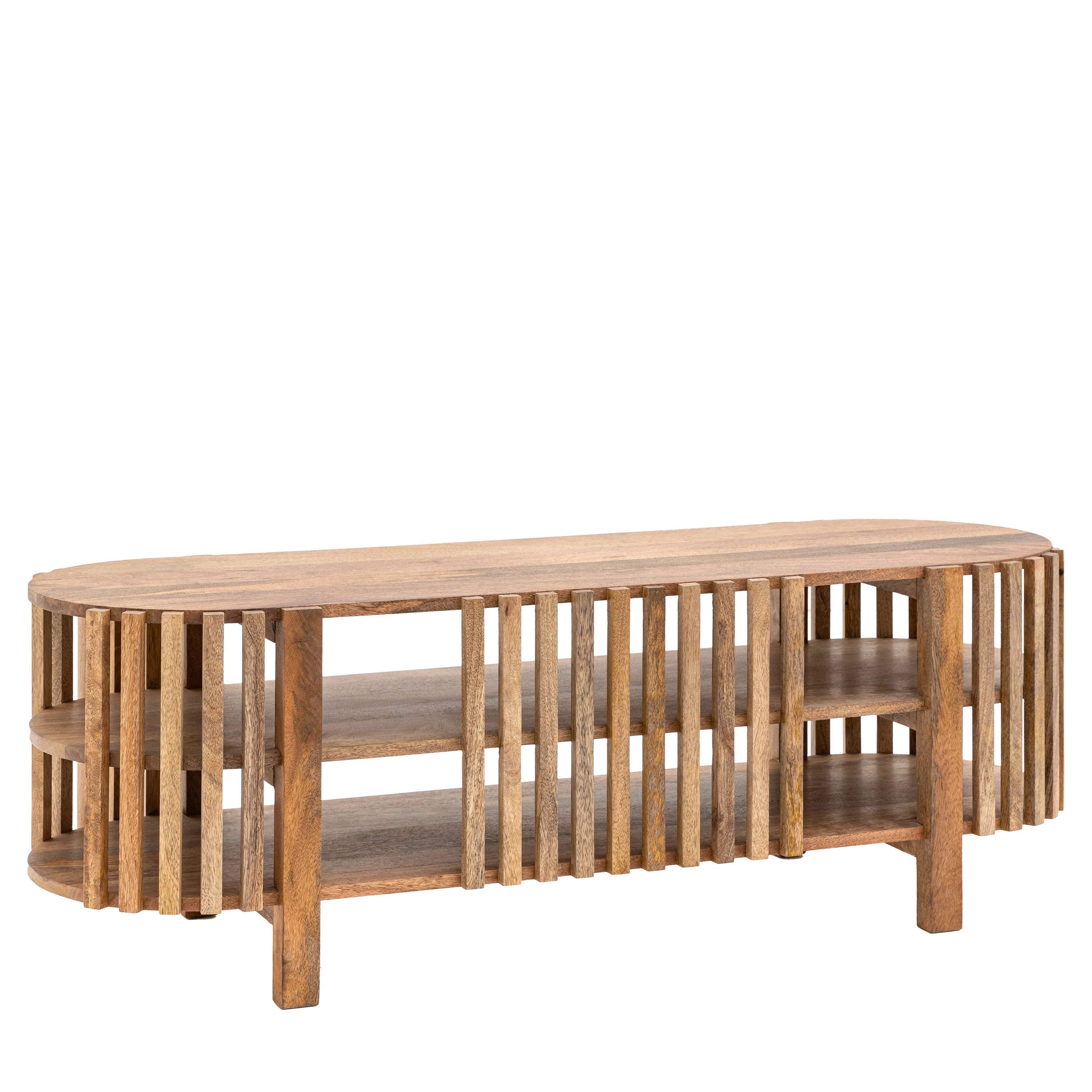 Voss solid mango wood slatted TV stand with storage