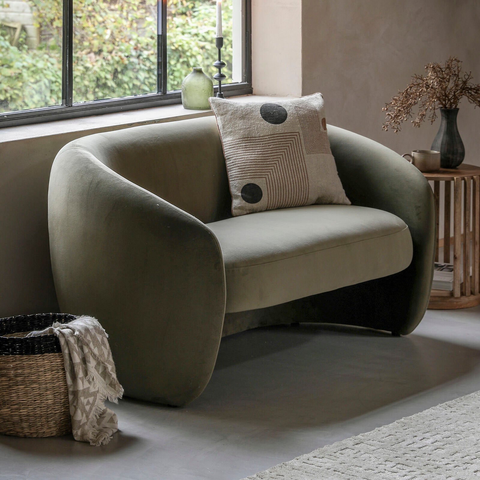 Sofia curved retro style sofa in cream, moss green, or espresso grey fabric | malletandplane.com