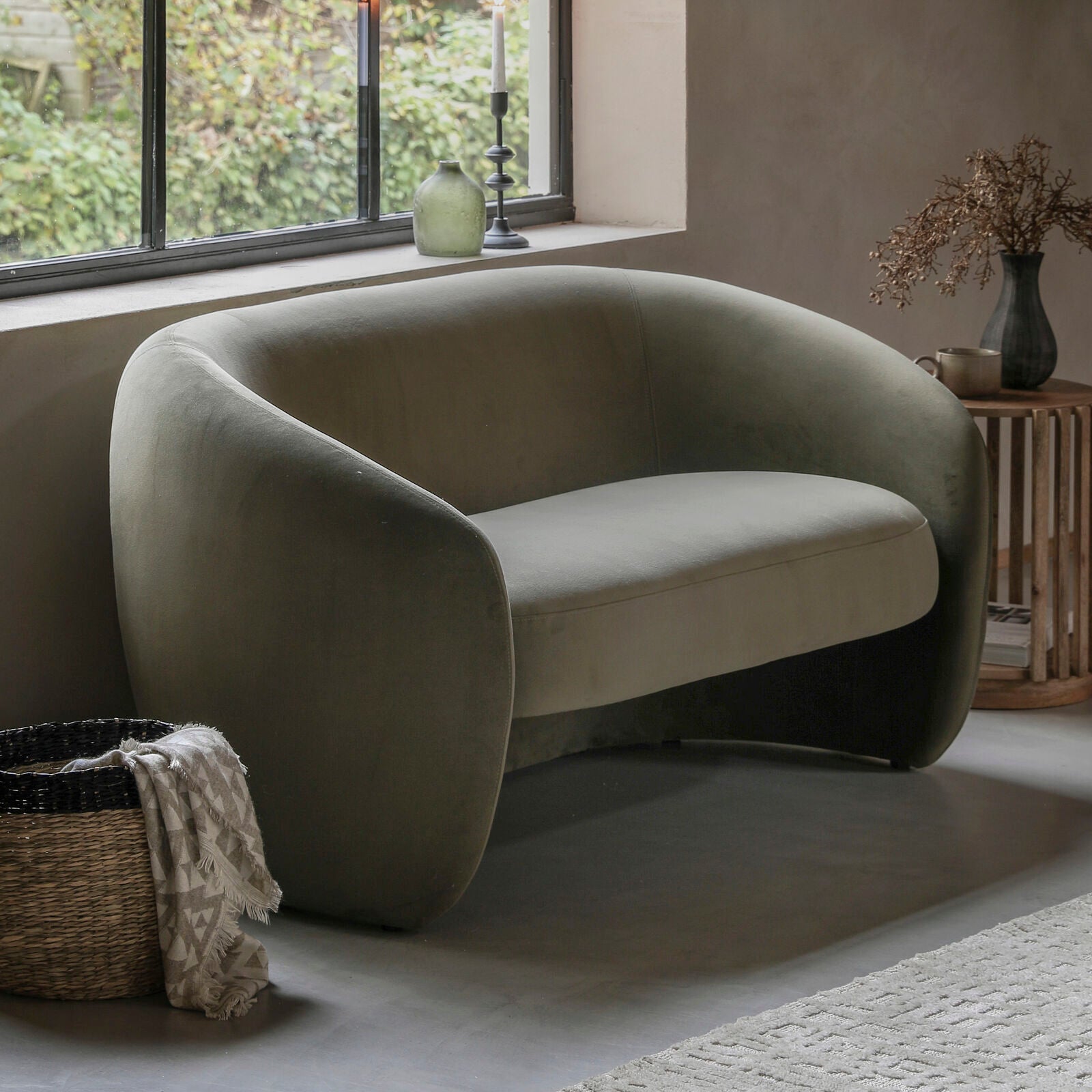 Sofia curved retro style sofa in cream, moss green, or espresso grey fabric | malletandplane.com