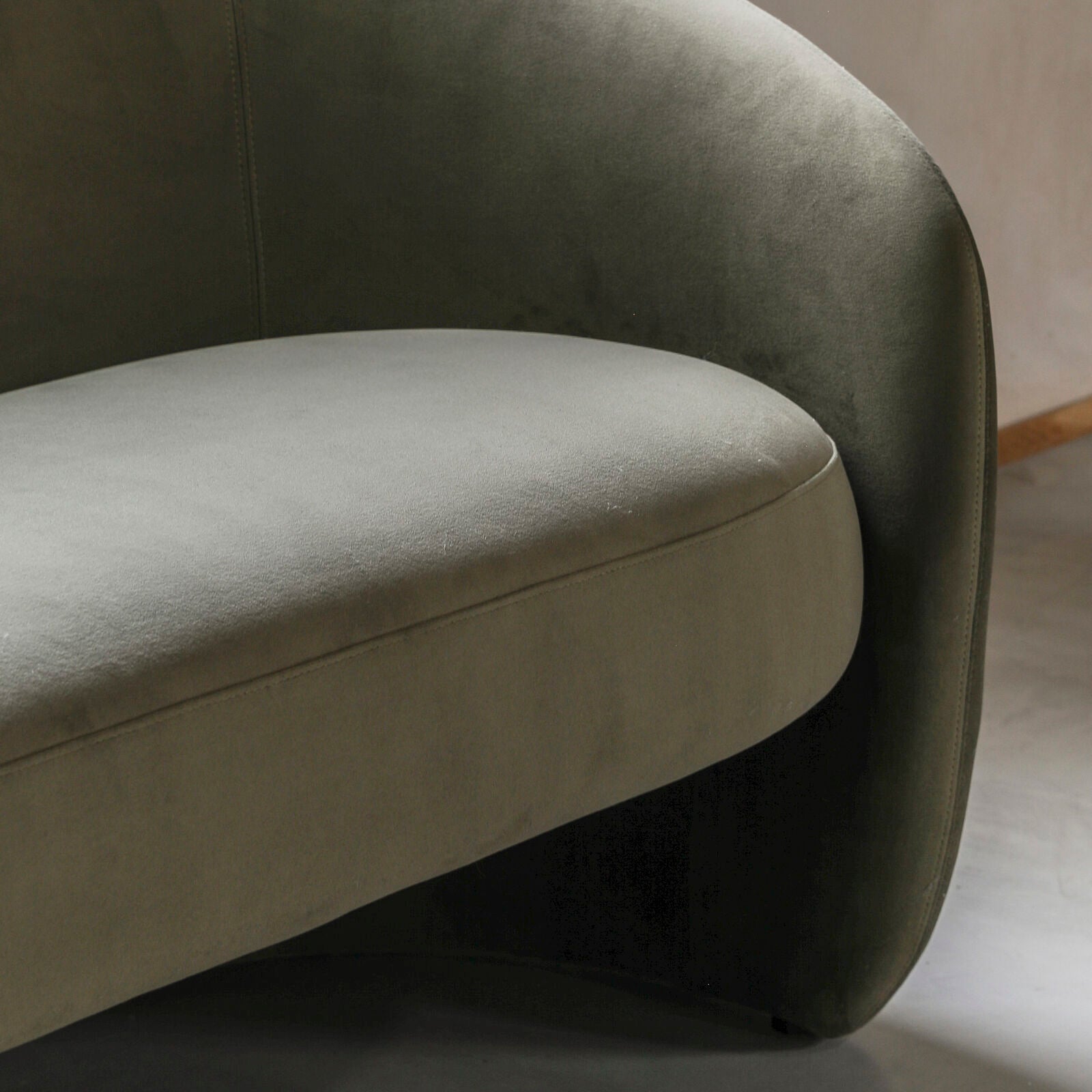 Sofia curved retro style sofa in cream, moss green, or espresso grey fabric | malletandplane.com