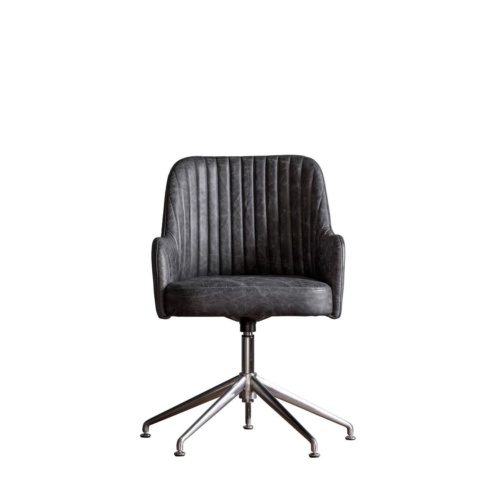 Ray leather upholstered padded swivel chair in antique ebony leather hide | malletandplane.com