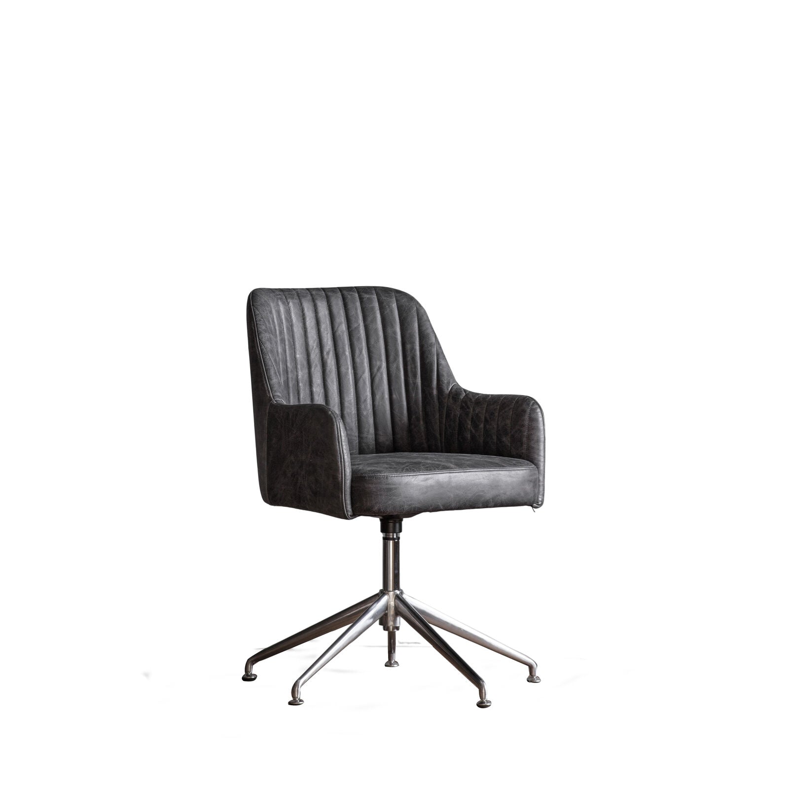 Ray leather upholstered padded swivel chair in antique ebony leather hide | malletandplane.com