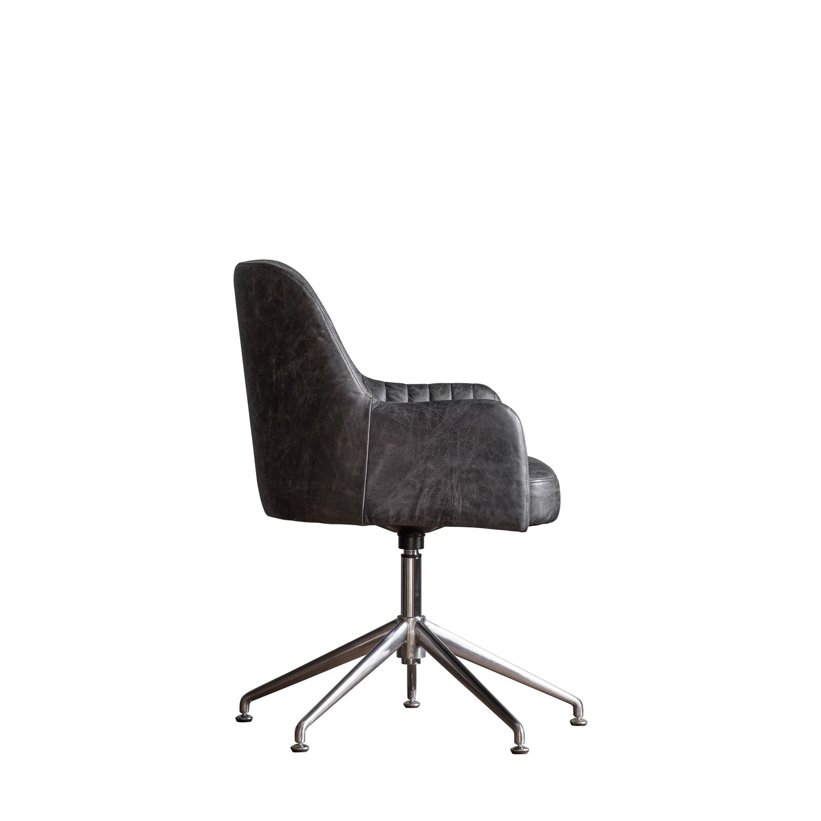 Ray leather upholstered padded swivel chair in antique ebony leather hide | malletandplane.com