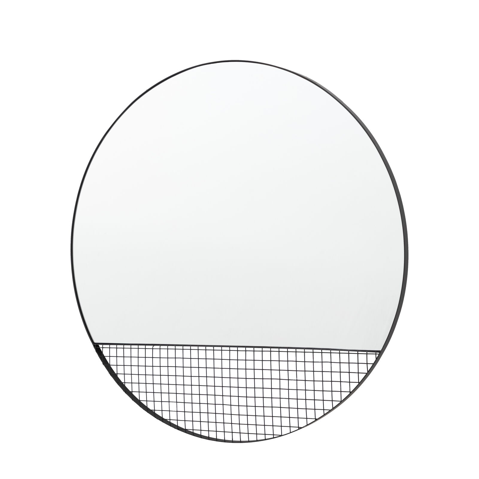 Grid metal round wall mirror with grid storage section | malletandplane.com