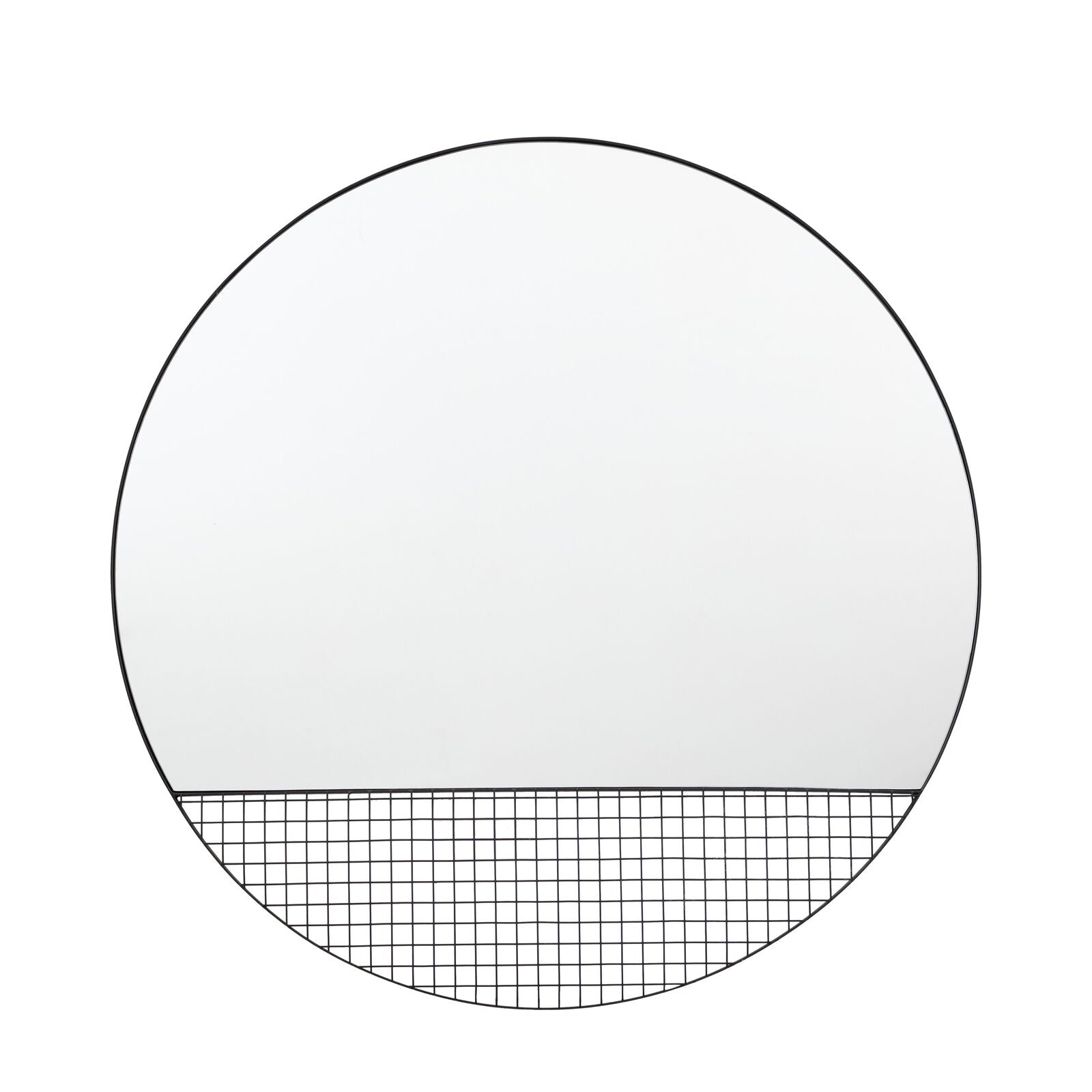 Grid metal round wall mirror with grid storage section | malletandplane.com