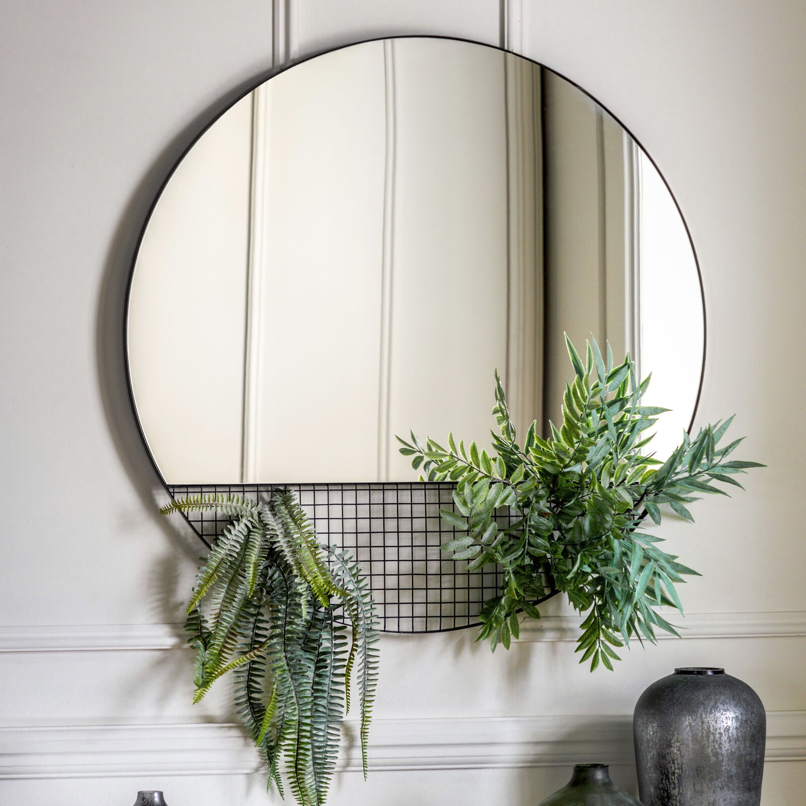 Grid metal round wall mirror with grid storage section | malletandplane.com