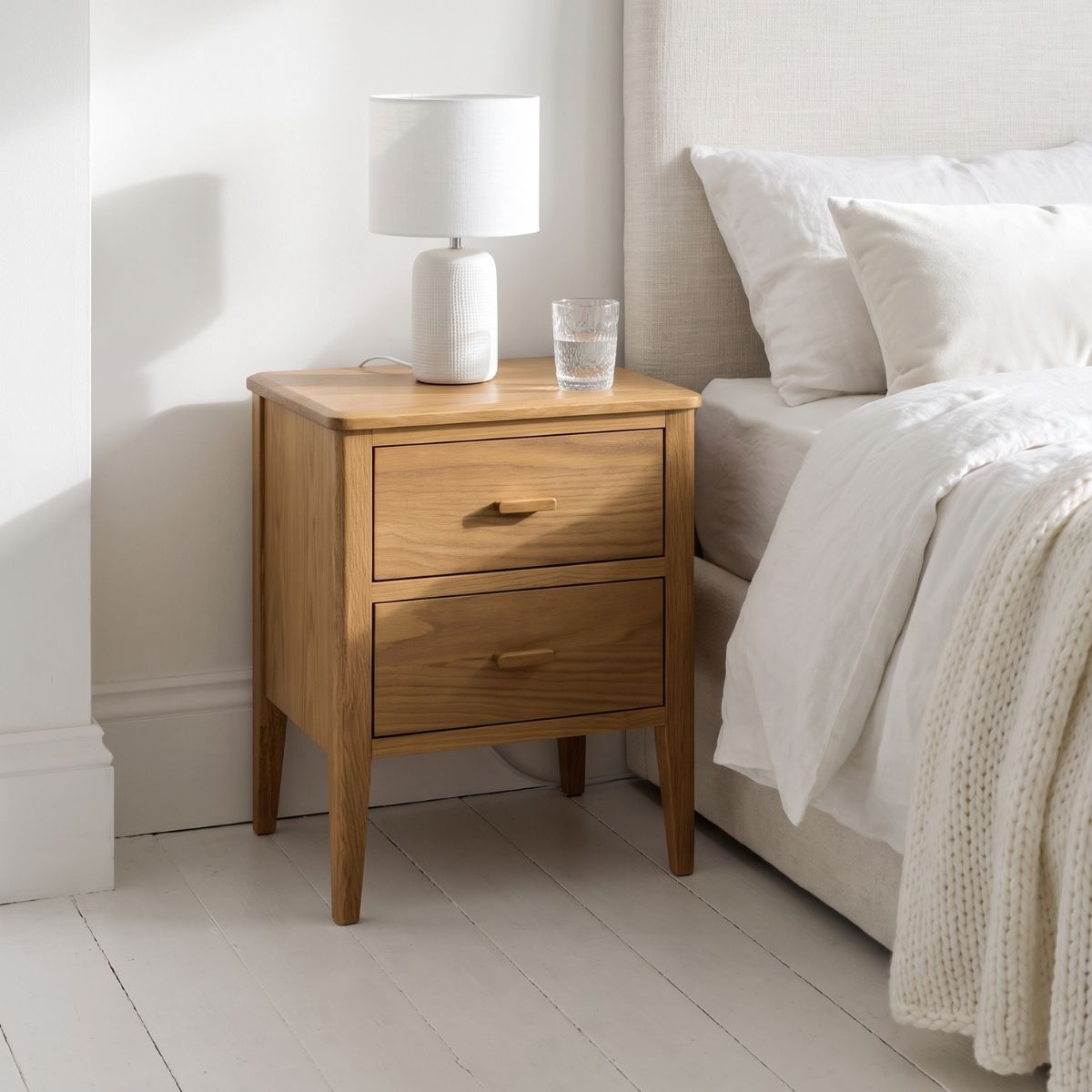 Hampton Bedside Table 40cm – Natural Finish 2 Drawer