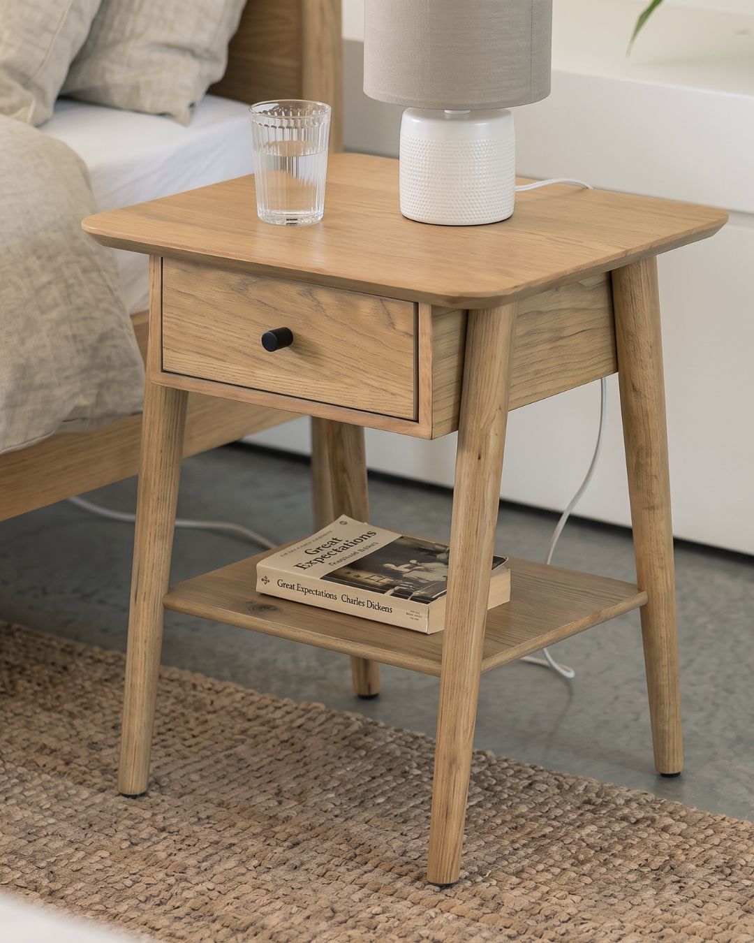 HATFIELD Oak Bedside Table — 1 Drawer and shelf 