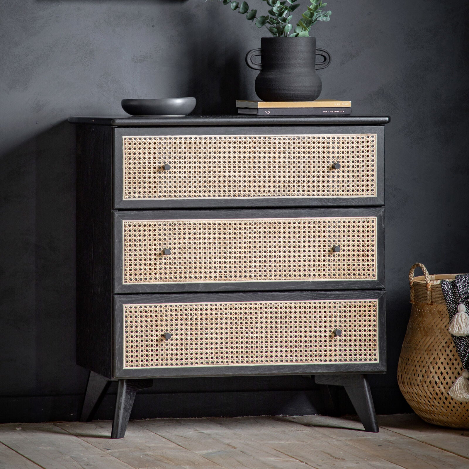 Hoxton Chest of Drawers in black oak with contrasting rattan drawer frontals | MalletandPlane.com