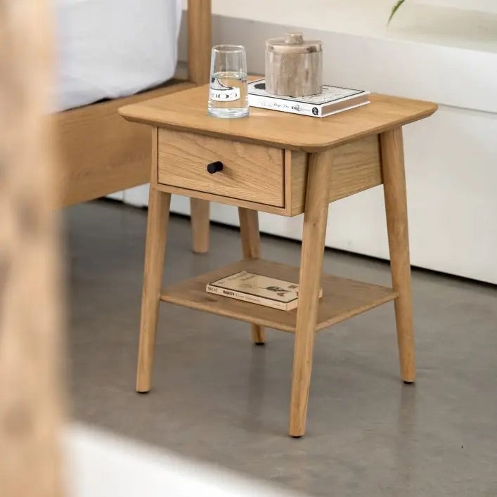 Hatfield natural bedside table with drawer and shelf | malletandplane.com