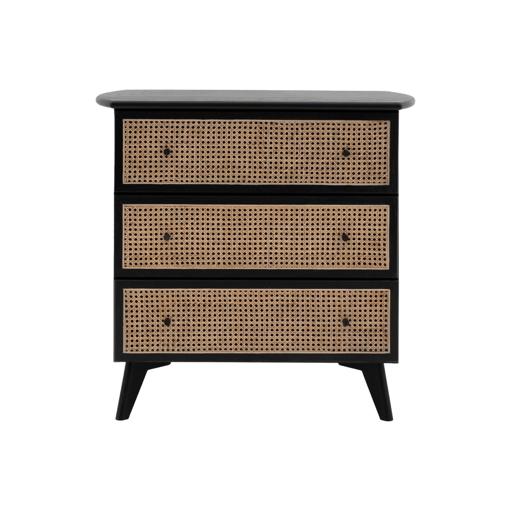 Hoxton Chest of Drawers in black oak with contrasting rattan drawer frontals | MalletandPlane.com