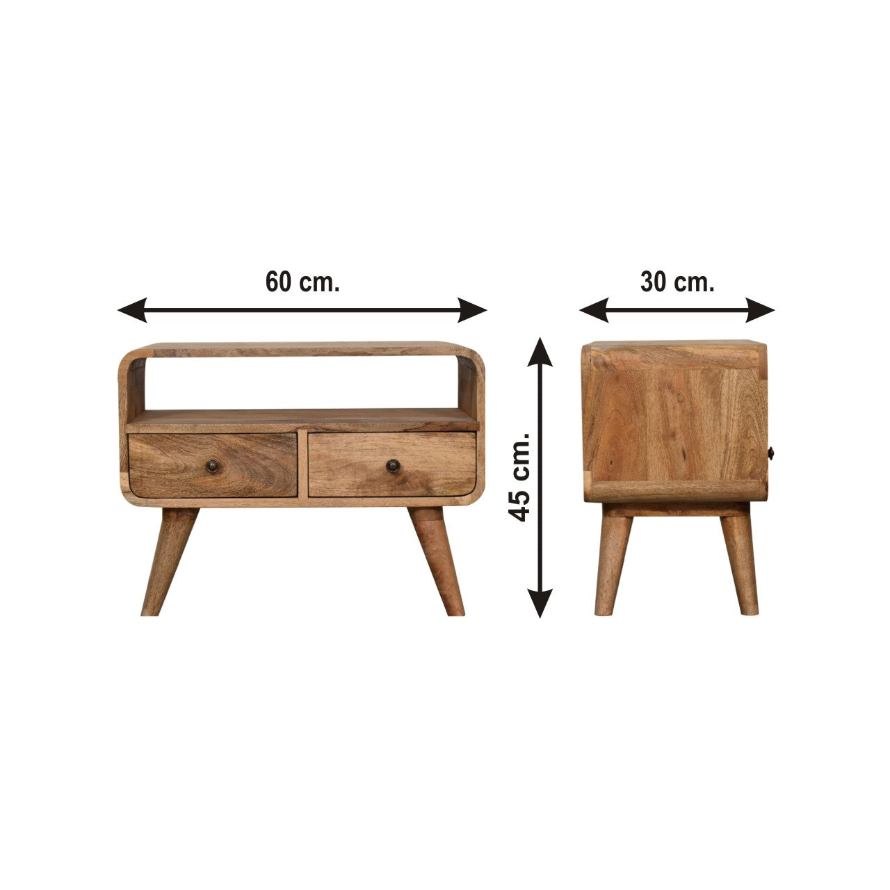 Modal handmade 2 drawer small wooden tv stand in natural oak-ish finish | malletandplane.com