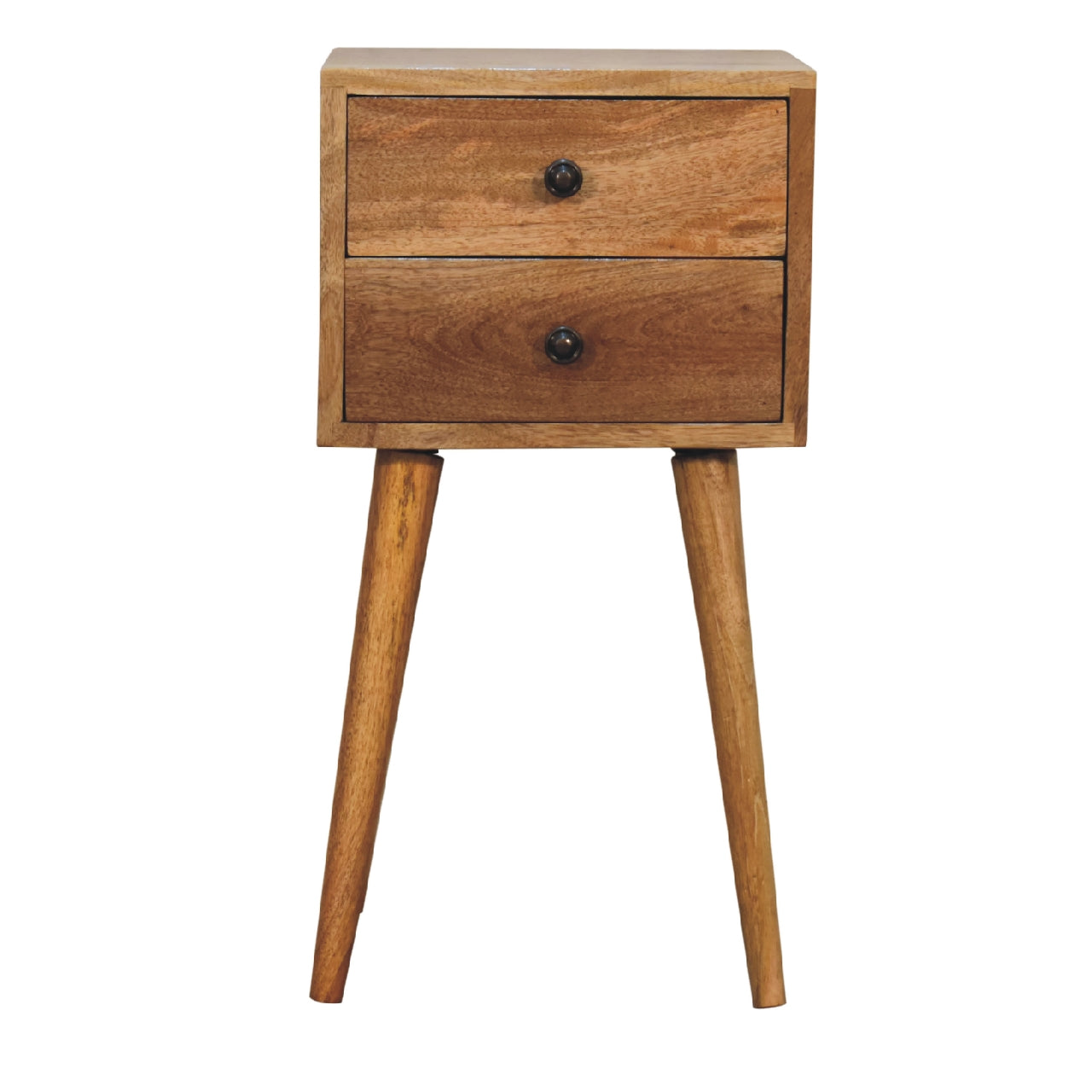 Joel handmade solid wood narrow bedside table with 2 drawers in natural finish